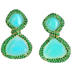 Rosior one-off Chalcedony and Emerald Drop Earrings set in Yellow Gold