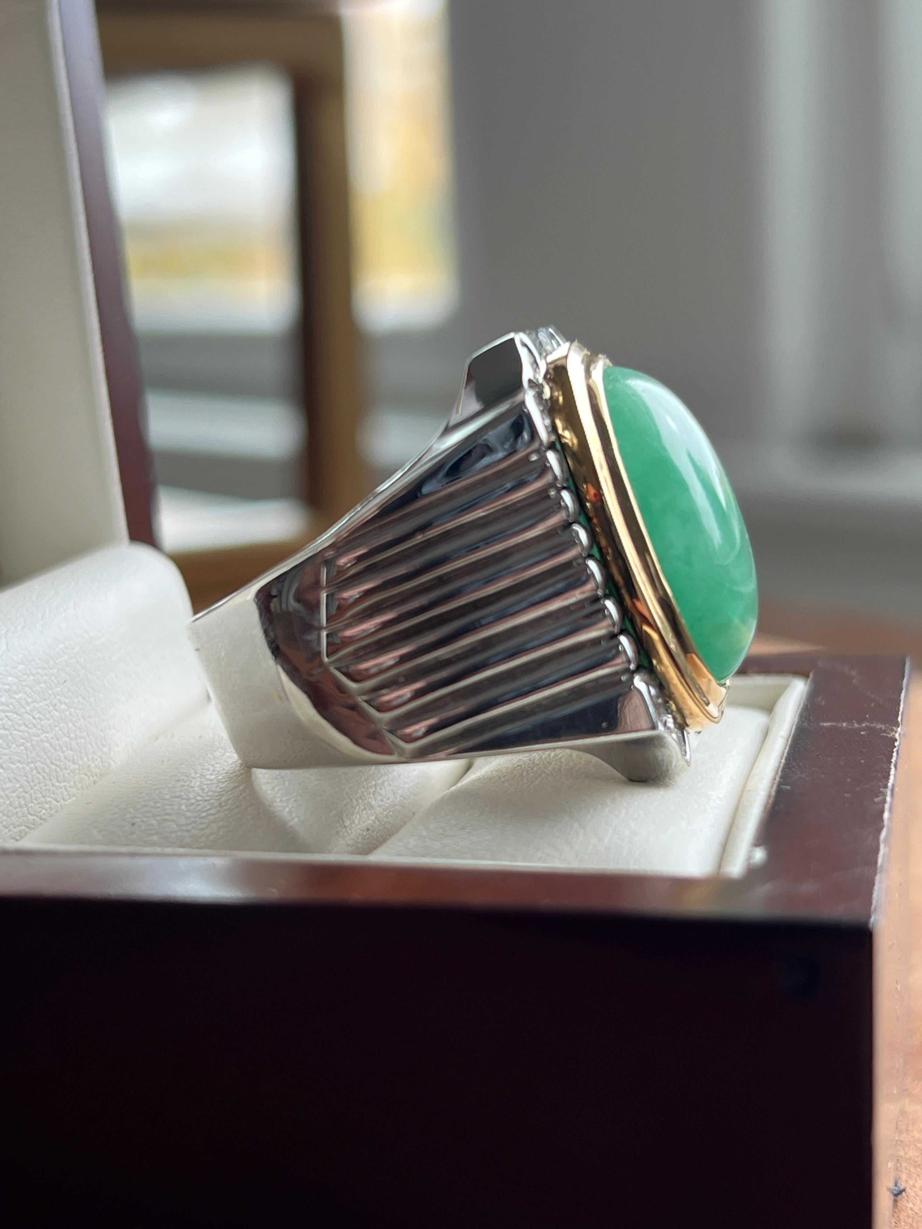 Women's or Men's Contemporary Cabochon Jadeite Platinum and 18k Yellow Gold Men's Statement Ring