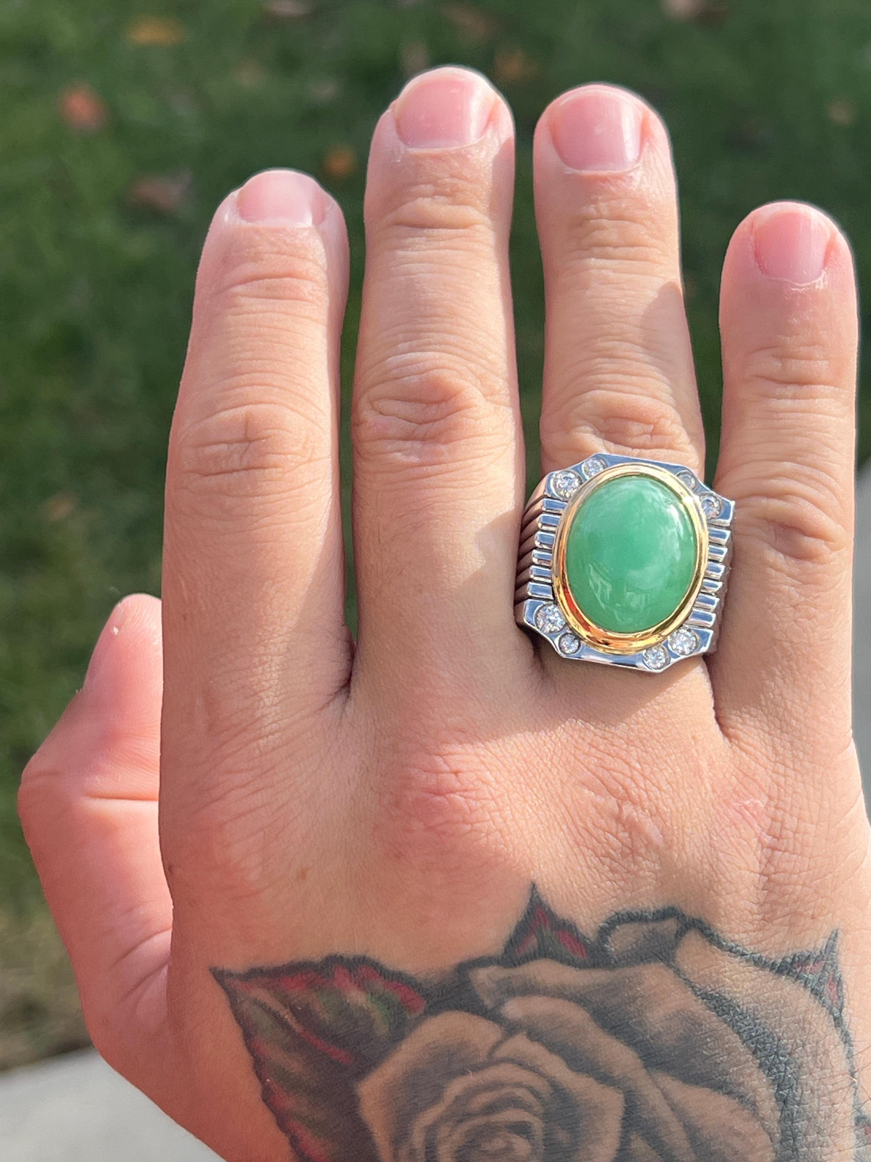 Contemporary Cabochon Jadeite Platinum and 18k Yellow Gold Men's Statement Ring 1