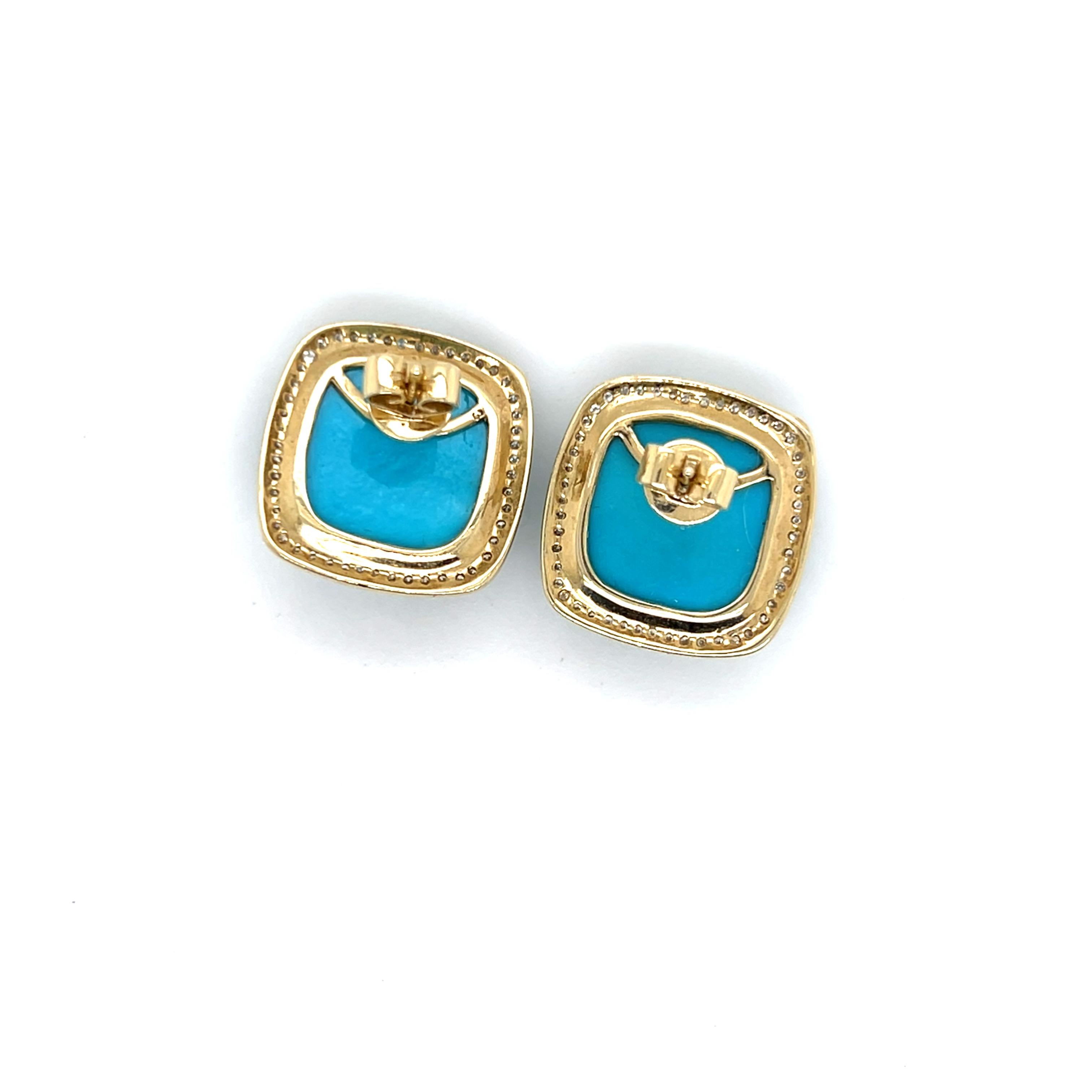 Boucles d'oreilles contemporaines en or jaune 14k avec turquoise cabochon et halo de diamants en vente 4