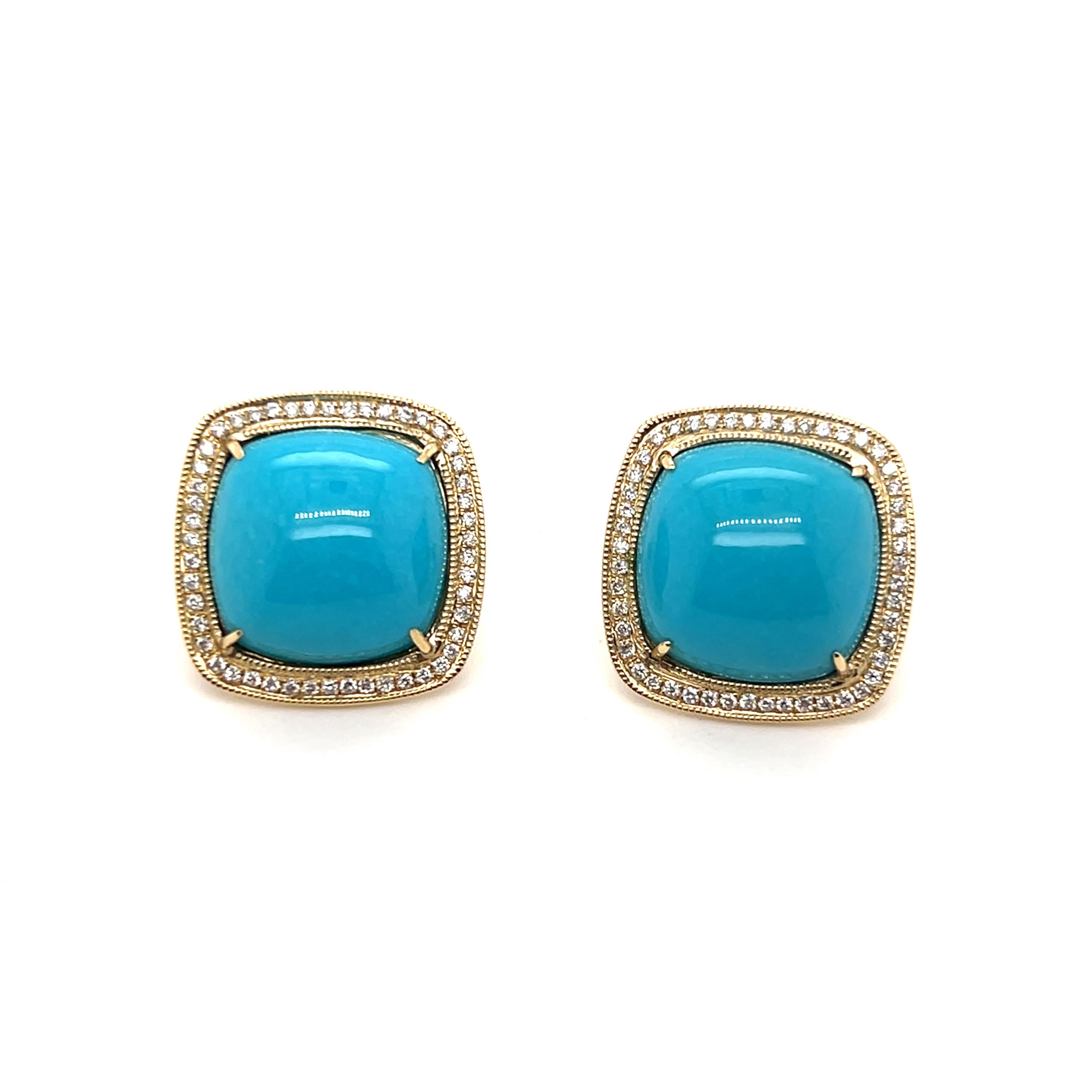 Taille cabochon Boucles d'oreilles contemporaines en or jaune 14k avec turquoise cabochon et halo de diamants en vente