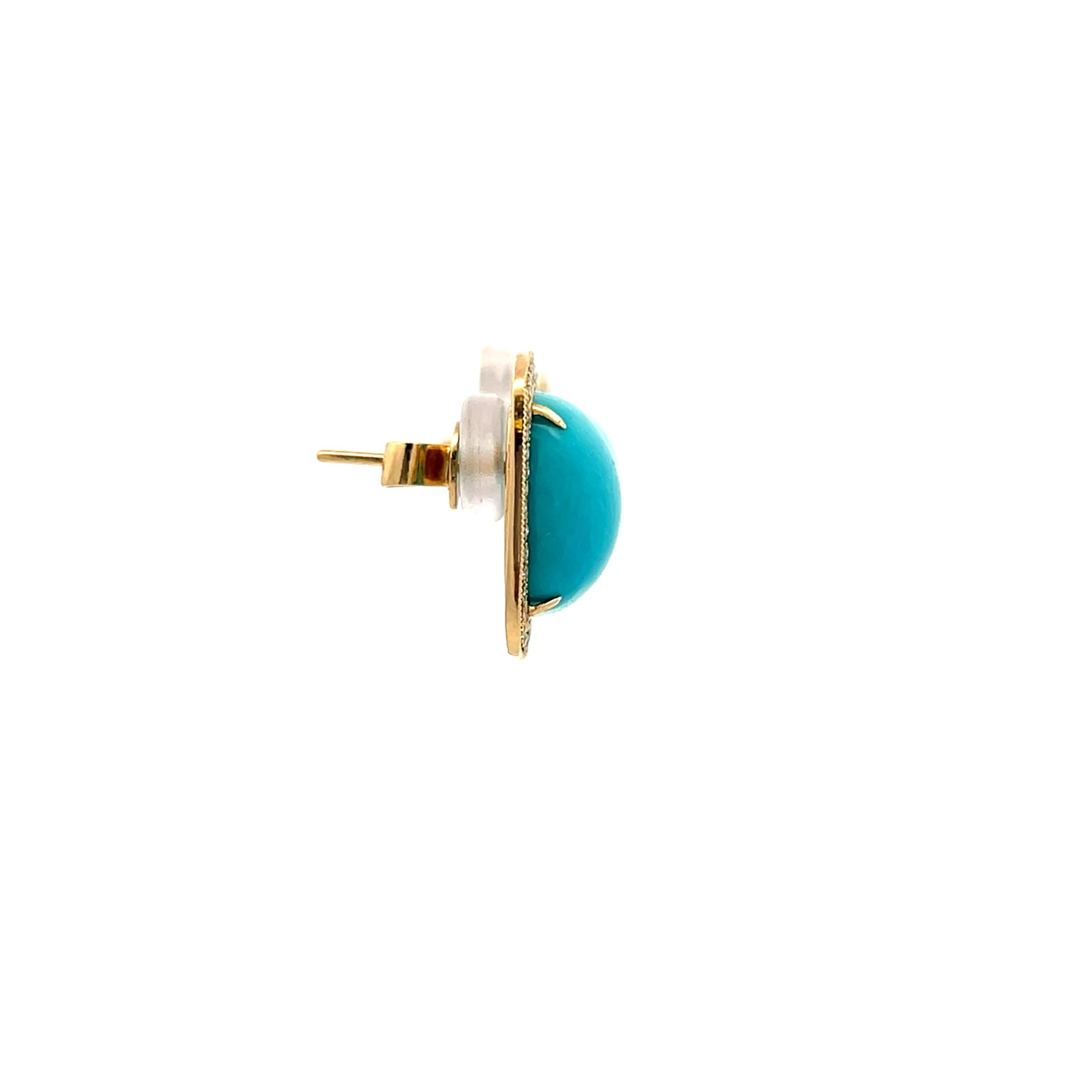 Boucles d'oreilles contemporaines en or jaune 14k avec turquoise cabochon et halo de diamants Bon état - En vente à Towson, MD