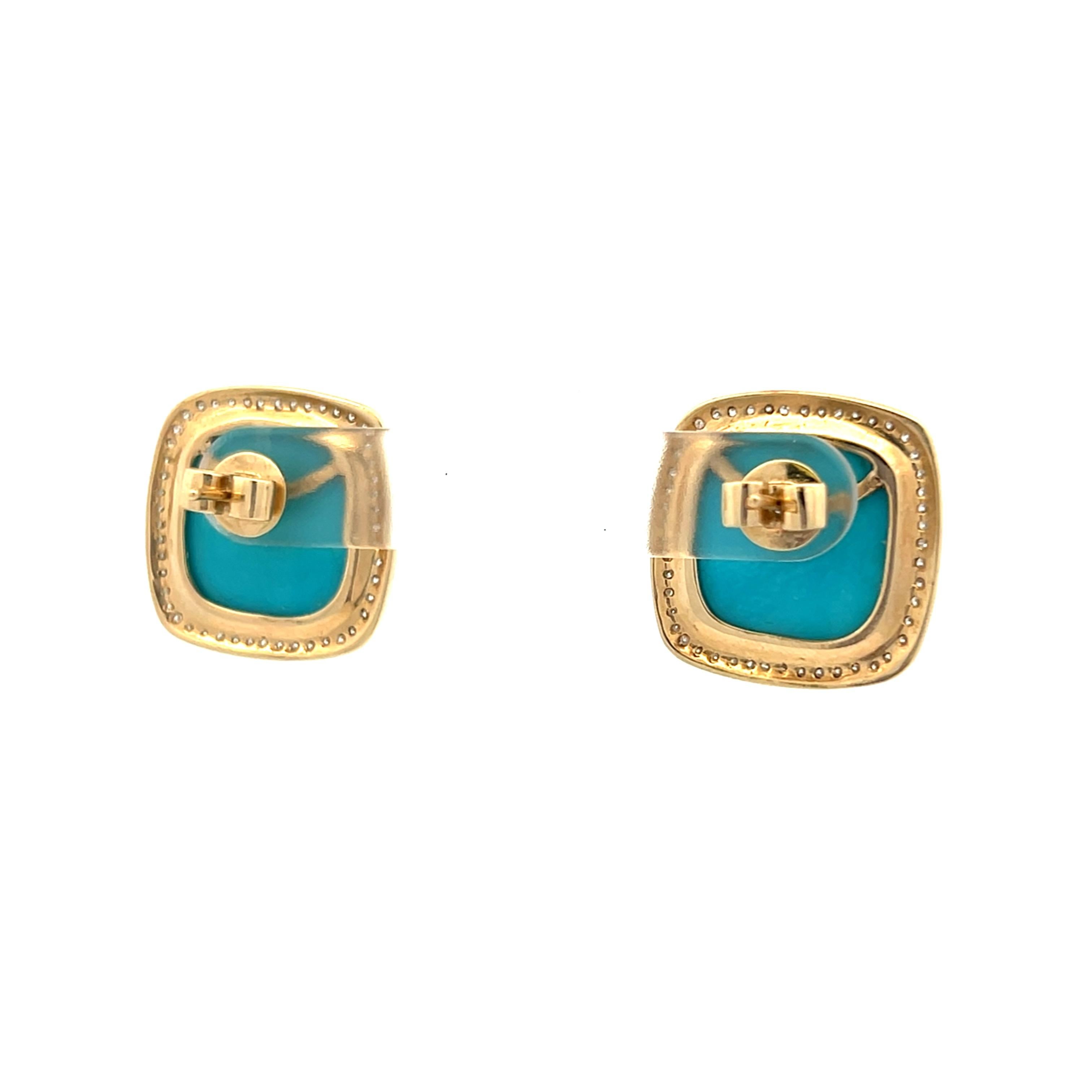 Boucles d'oreilles contemporaines en or jaune 14k avec turquoise cabochon et halo de diamants Unisexe en vente