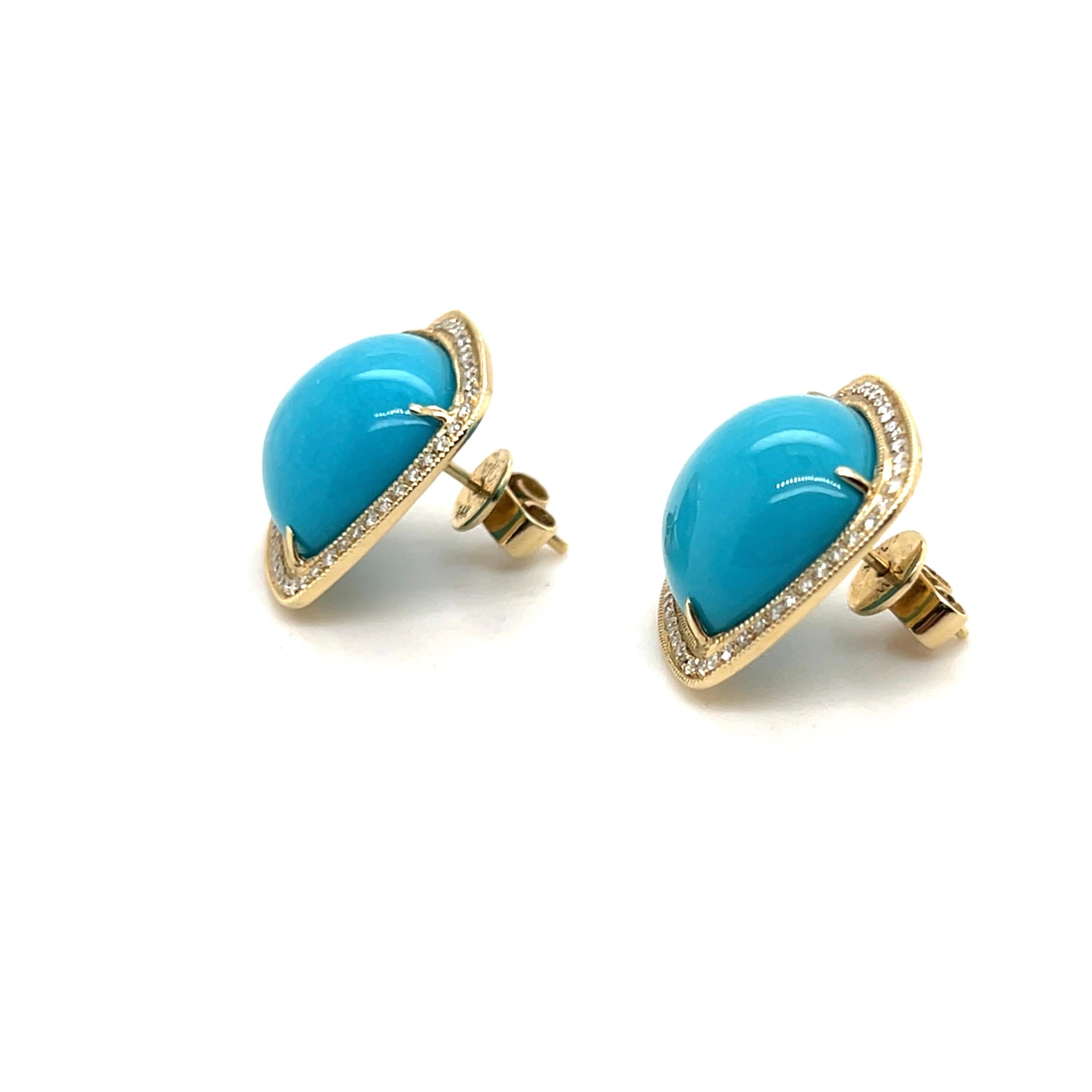 Boucles d'oreilles contemporaines en or jaune 14k avec turquoise cabochon et halo de diamants en vente 1