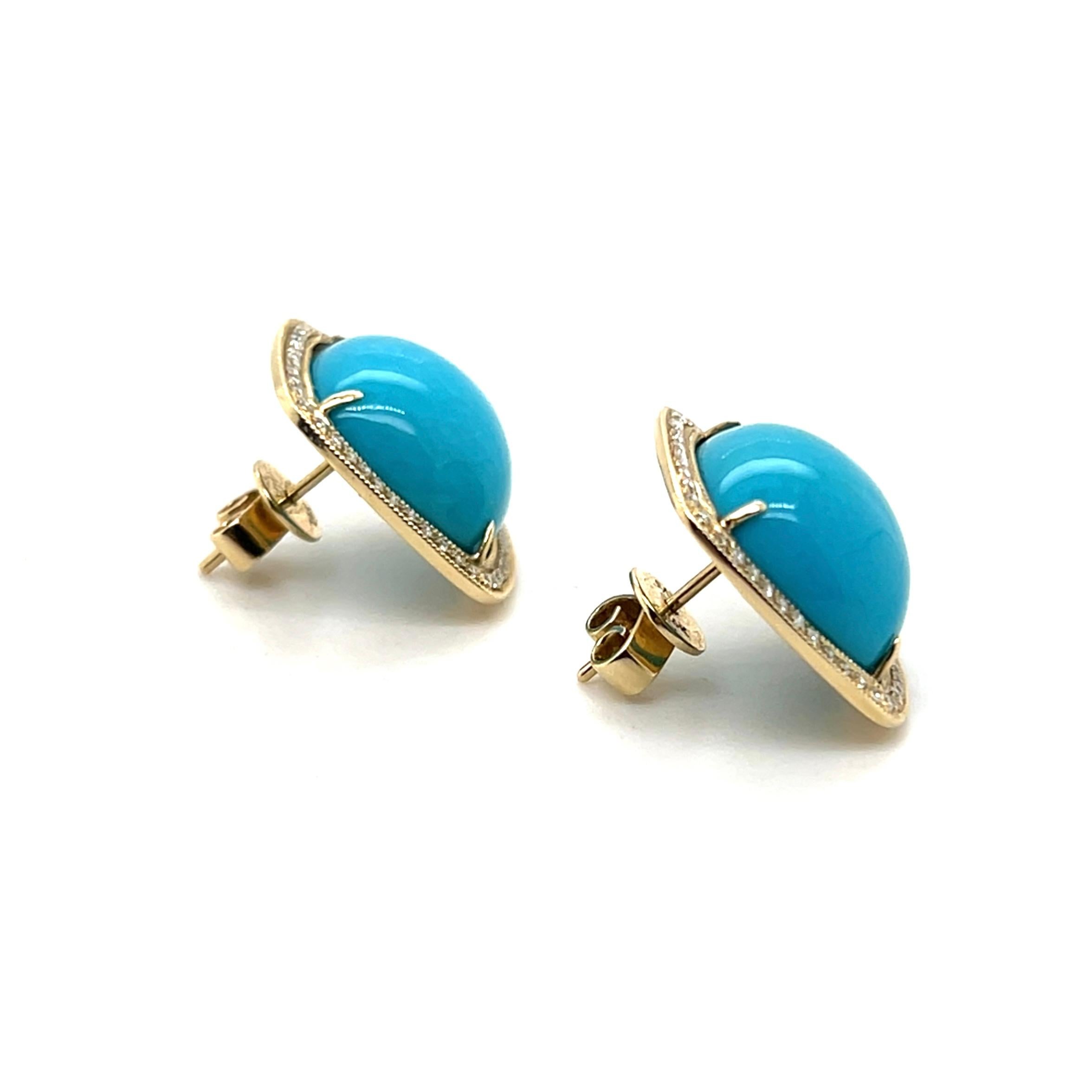 Boucles d'oreilles contemporaines en or jaune 14k avec turquoise cabochon et halo de diamants en vente 2
