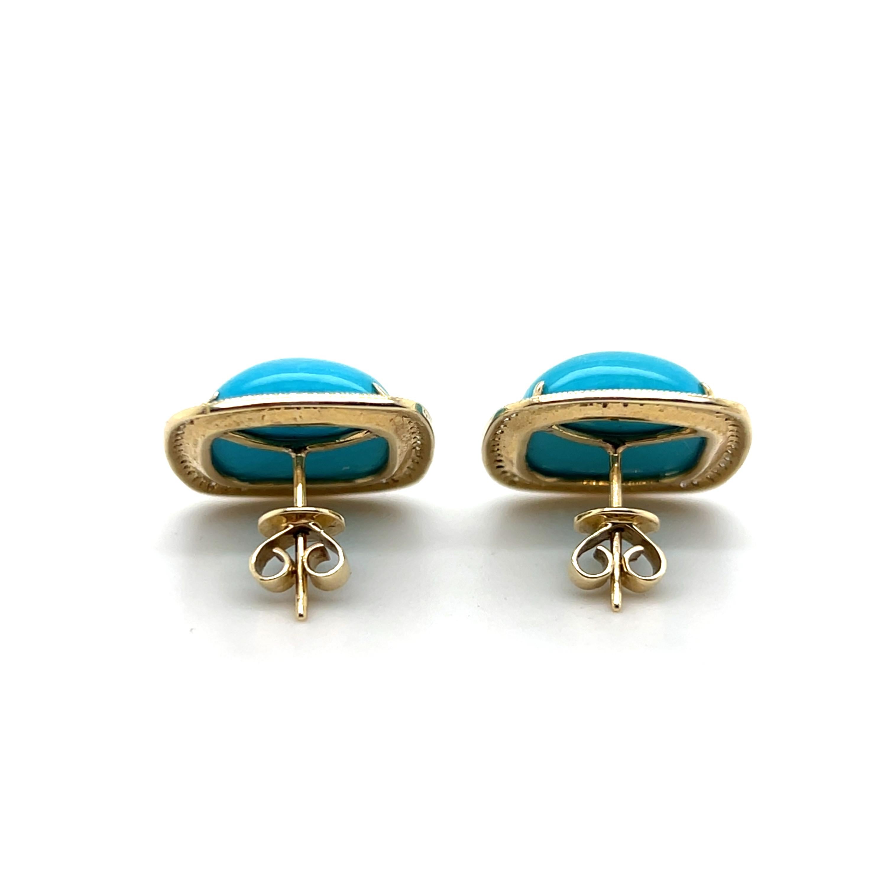 Boucles d'oreilles contemporaines en or jaune 14k avec turquoise cabochon et halo de diamants en vente 3