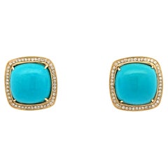 Boucles d'oreilles contemporaines en or jaune 14k avec turquoise cabochon et halo de diamants