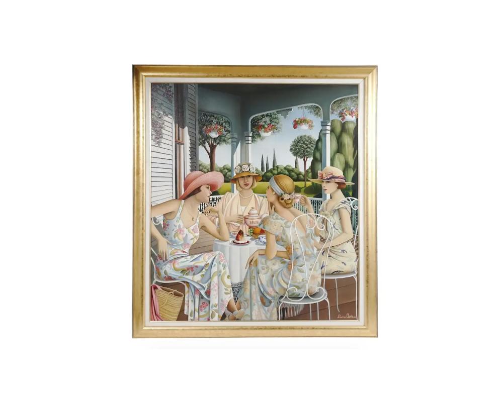 Oil on canvas painting by Liane Abrieu, born 1947, a Canadian Surrealist artist. The artwork depicts a group portrait of four women drinking tea on the veranda. Signed by the artist in the lower right and on the backside. Titled Confidence on the
