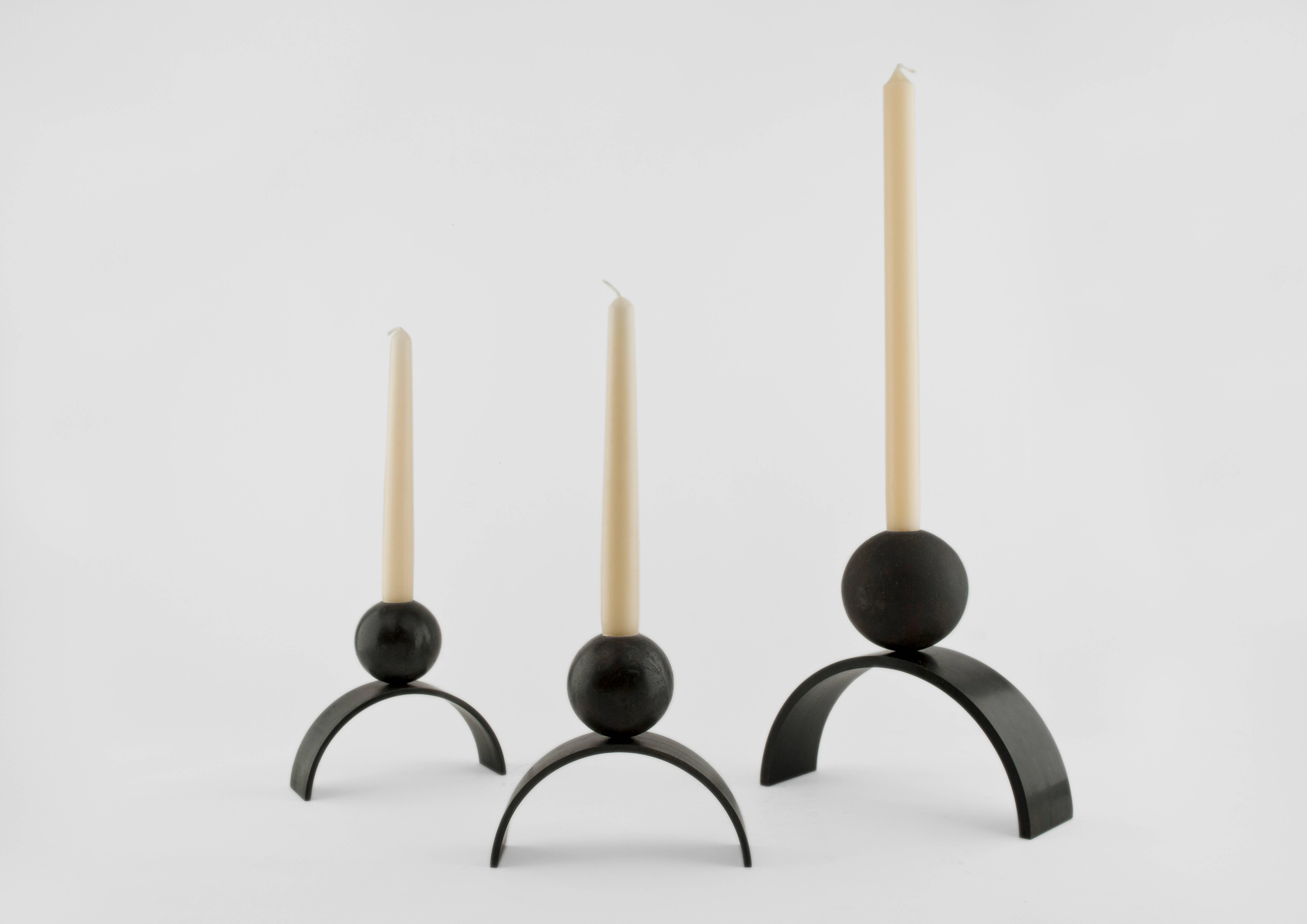 Metal Contemporary Candle Holder Arch and Ball, Blackened Heavy Steel 