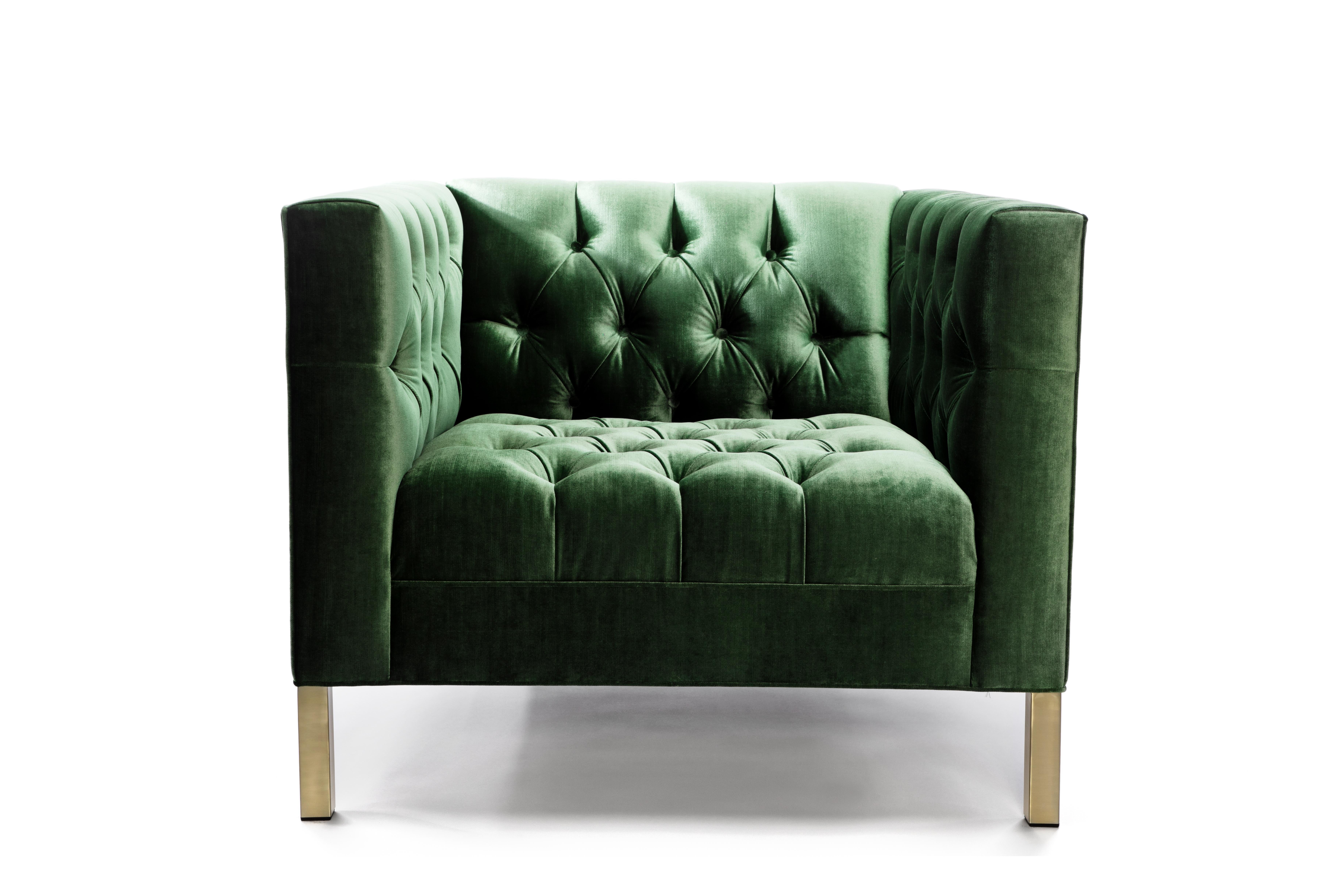 Just like her name, Capri is cool, calm and collected. Covered in one of our luxe fabrics or leathers, her impeccable tufted detail creates a sleek, refined space in an office or home. 

Shown in juniper and peacock velvets with brass finish metal