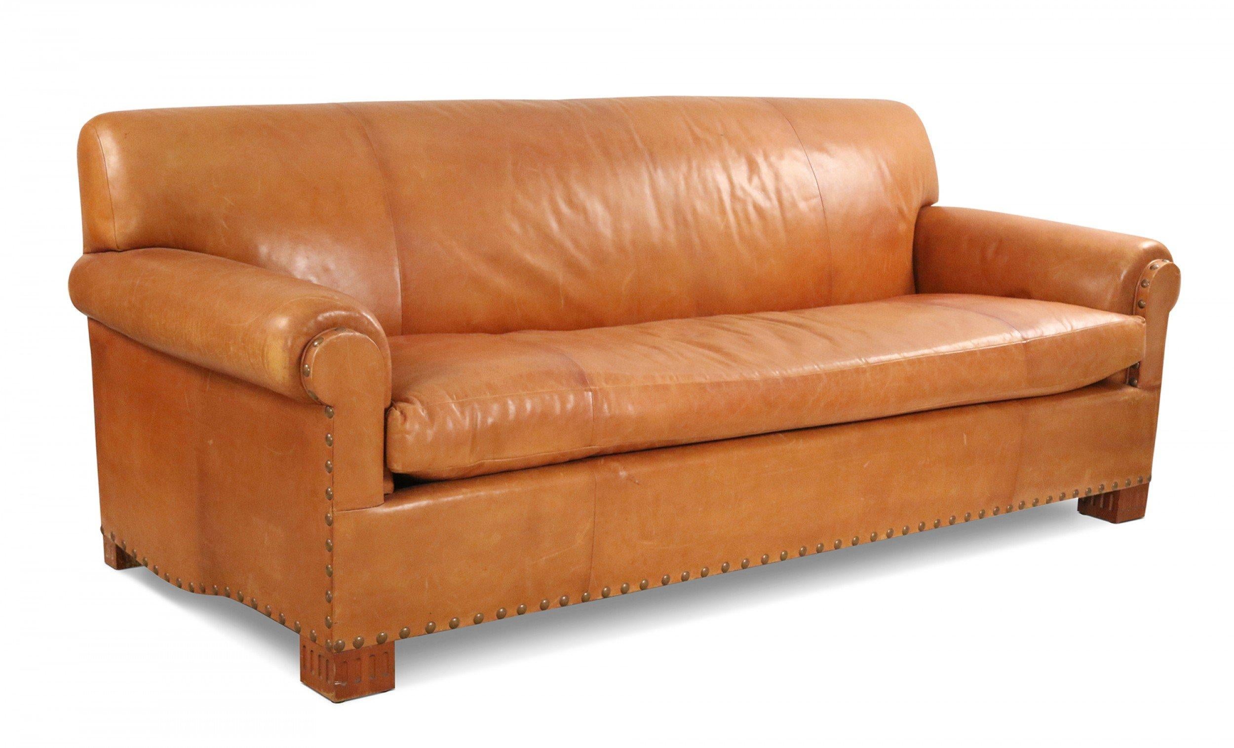 Contemporary Caramel Brown Leather 3-Seat Sofa For Sale 2
