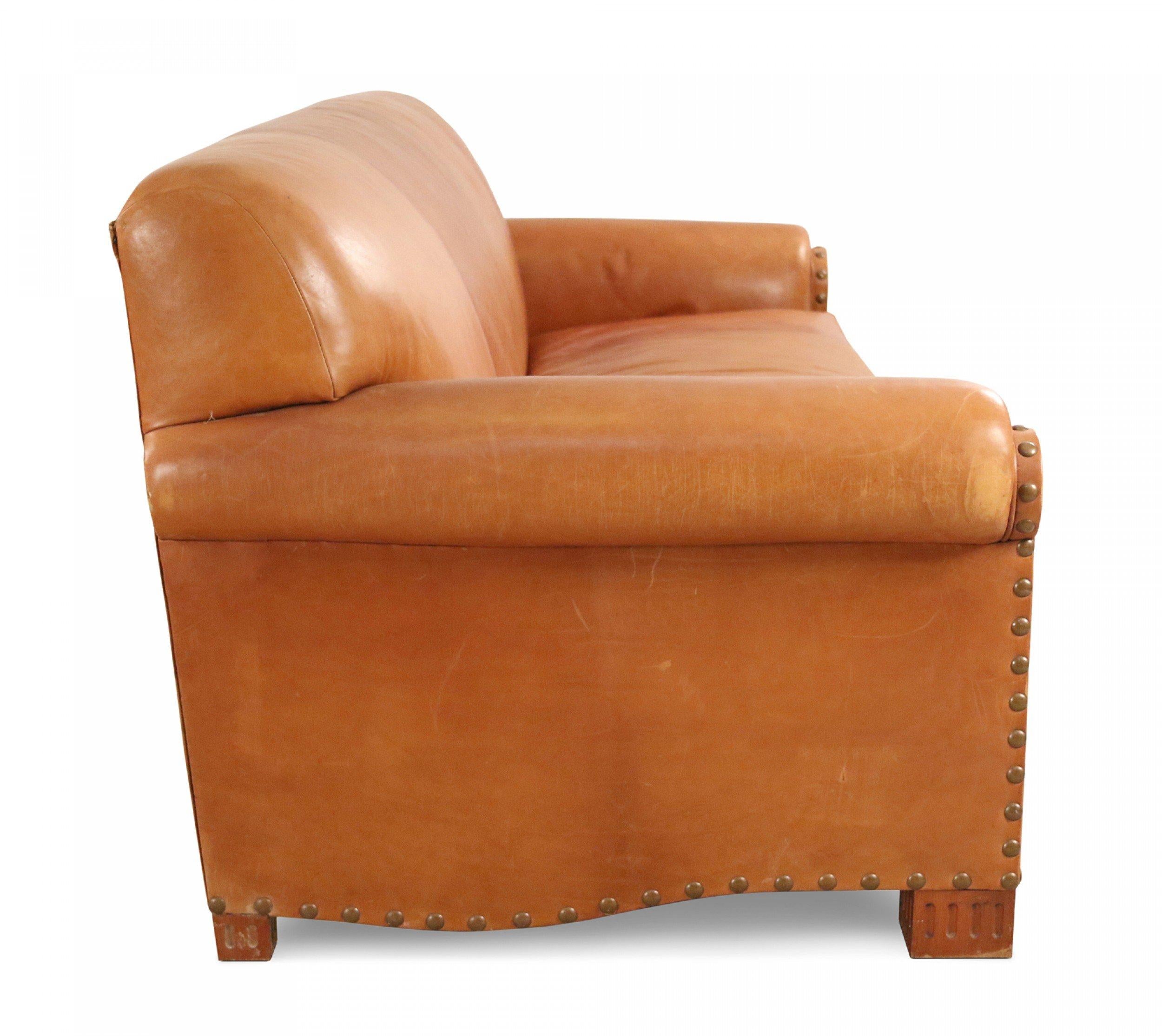 Contemporary Caramel Brown Leather 3-Seat Sofa For Sale 6