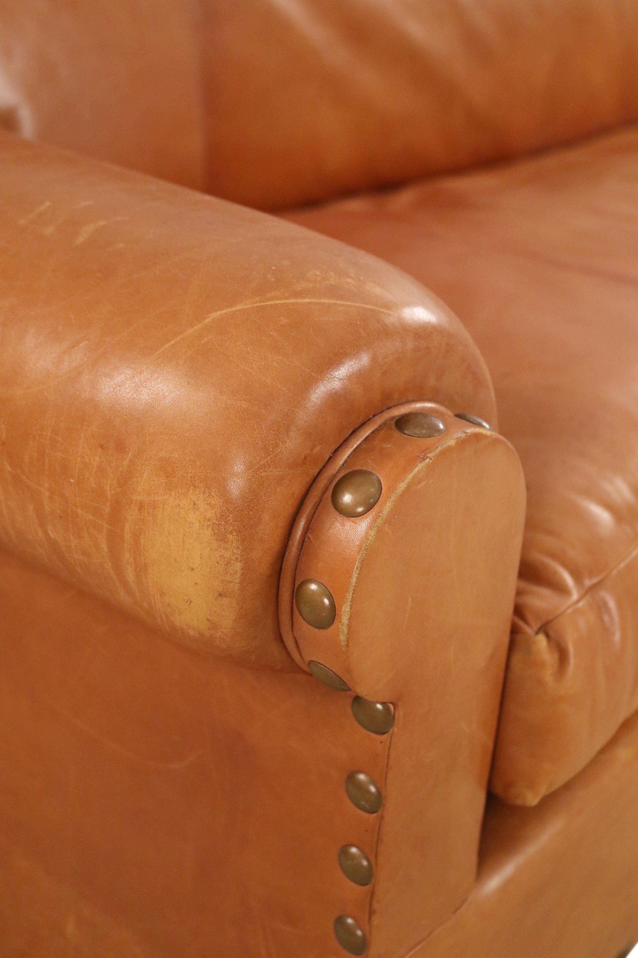 Contemporary Caramel Brown Leather 3-Seat Sofa For Sale 7