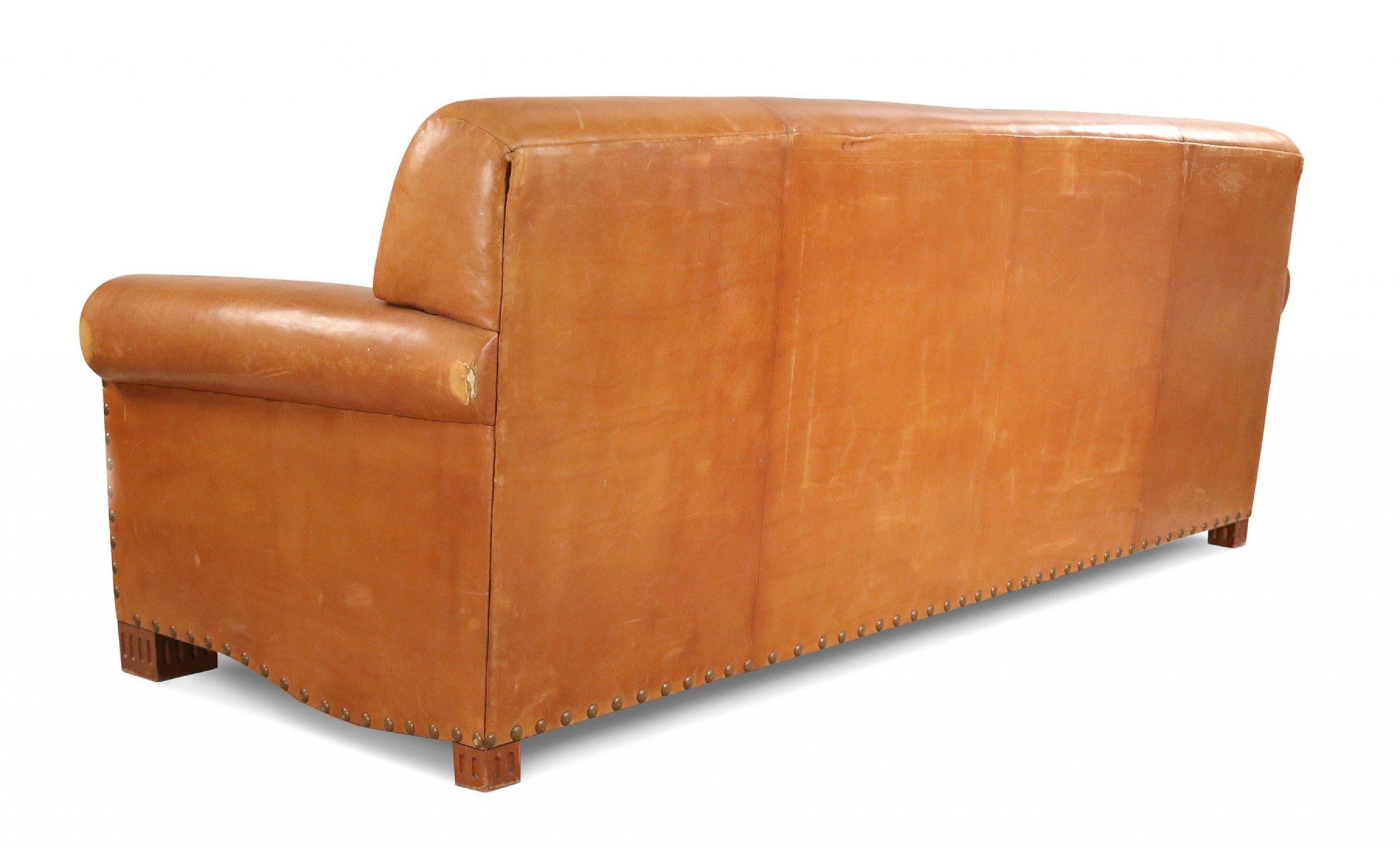 Contemporary Caramel Brown Leather 3-Seat Sofa For Sale 8