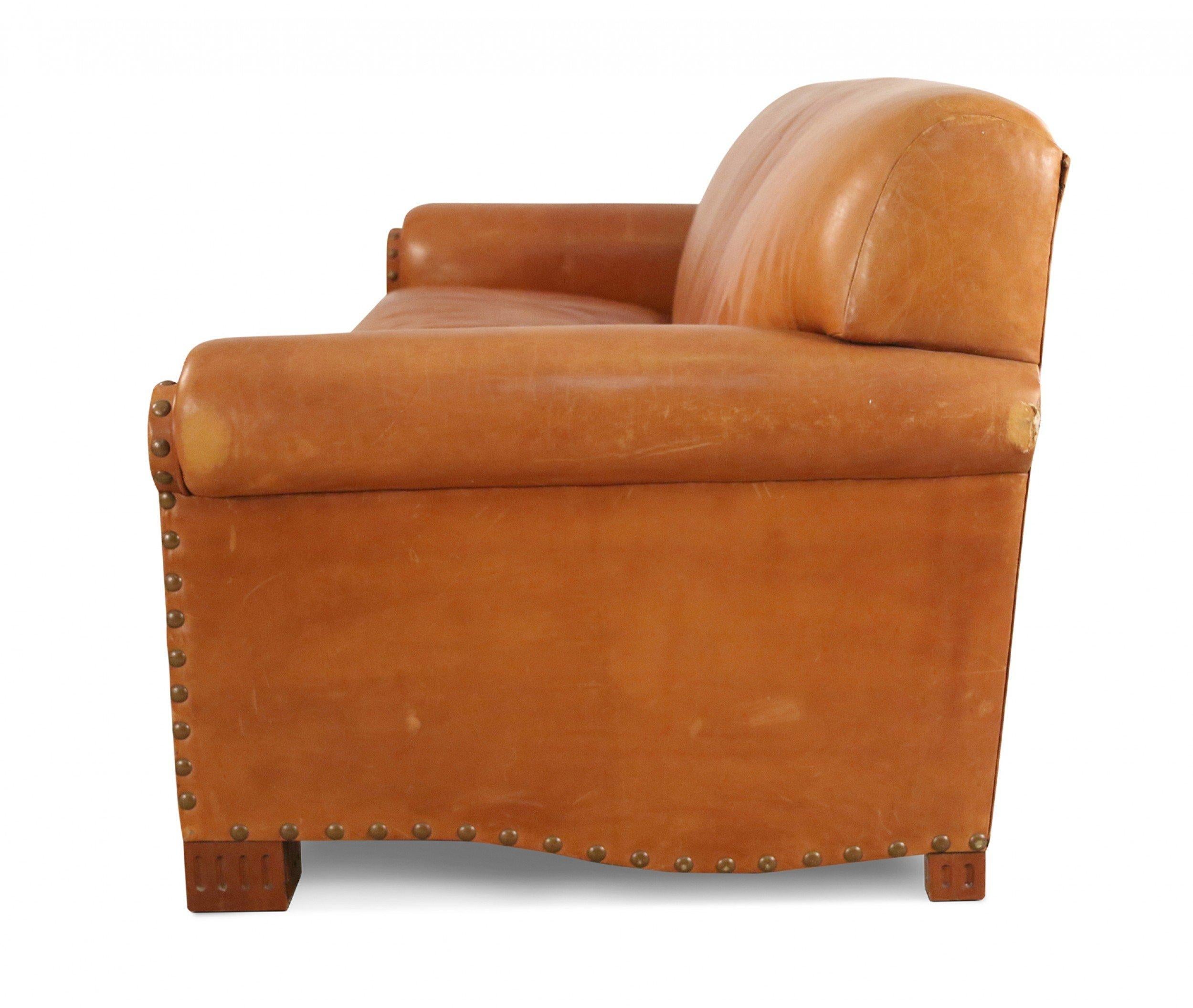 Modern Contemporary Caramel Brown Leather 3-Seat Sofa For Sale