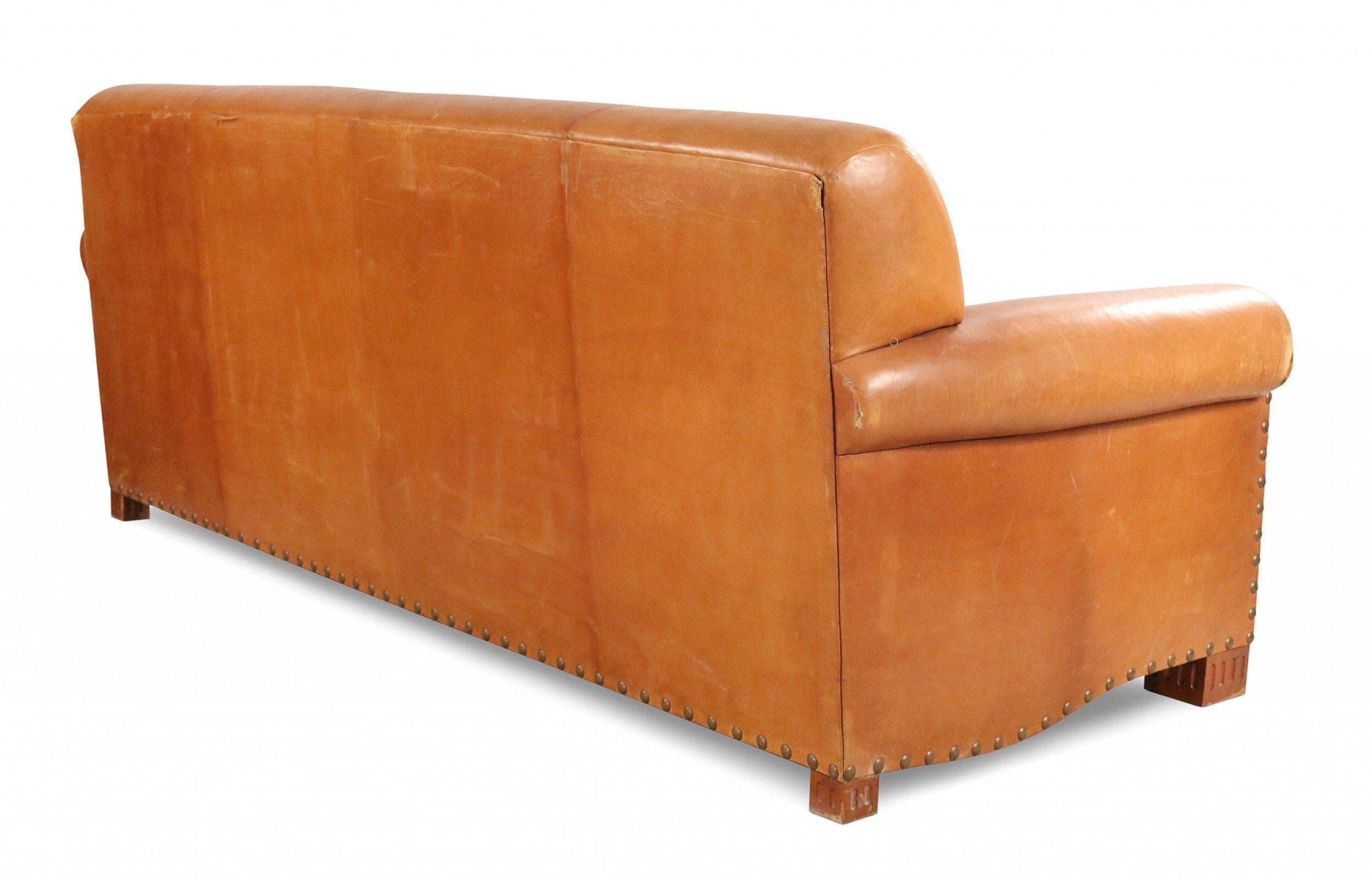 Contemporary Caramel Brown Leather 3-Seat Sofa In Good Condition For Sale In New York, NY
