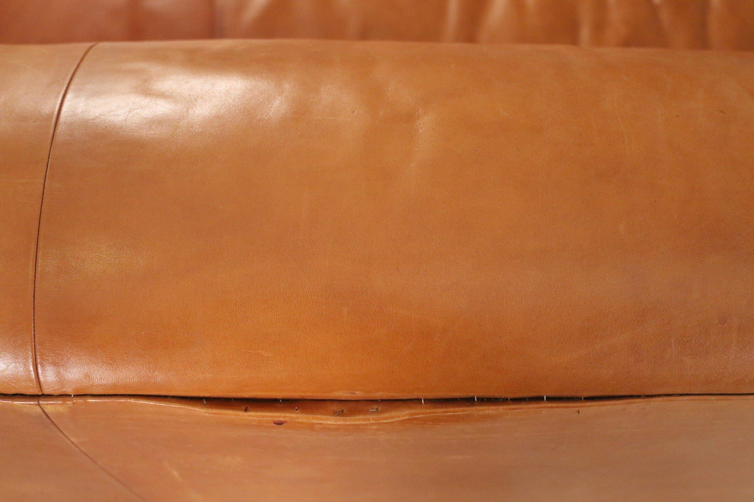 20th Century Contemporary Caramel Brown Leather 3-Seat Sofa For Sale