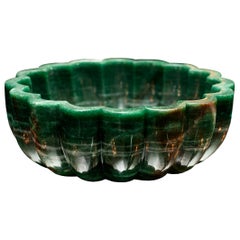 Contemporary Carved Green Aventurine Stone Bowl with Scalloped Detail
