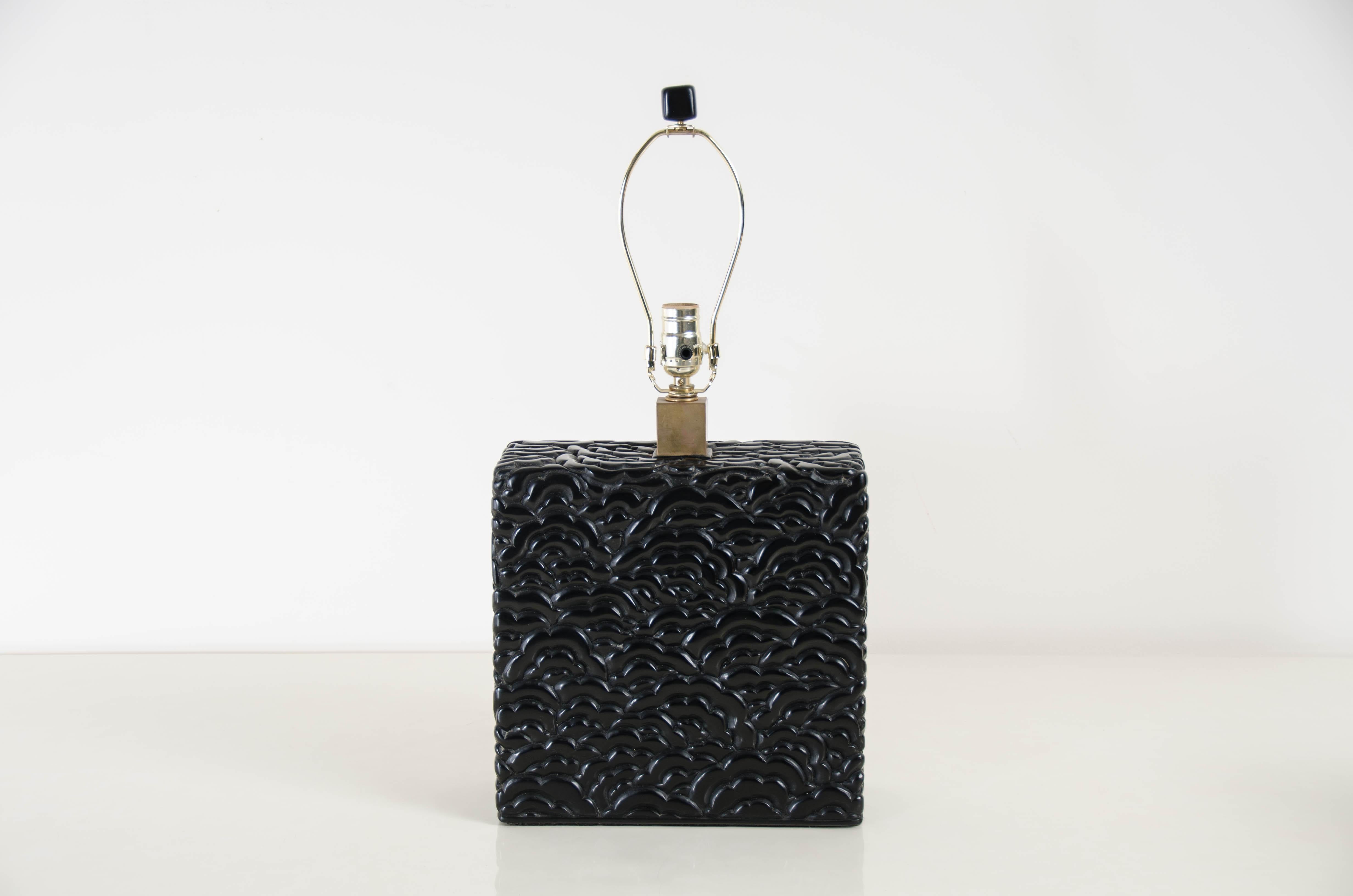 Modern Contemporary Carved Hua Design Table Lamp in Black Lacquer by Robert Kuo For Sale