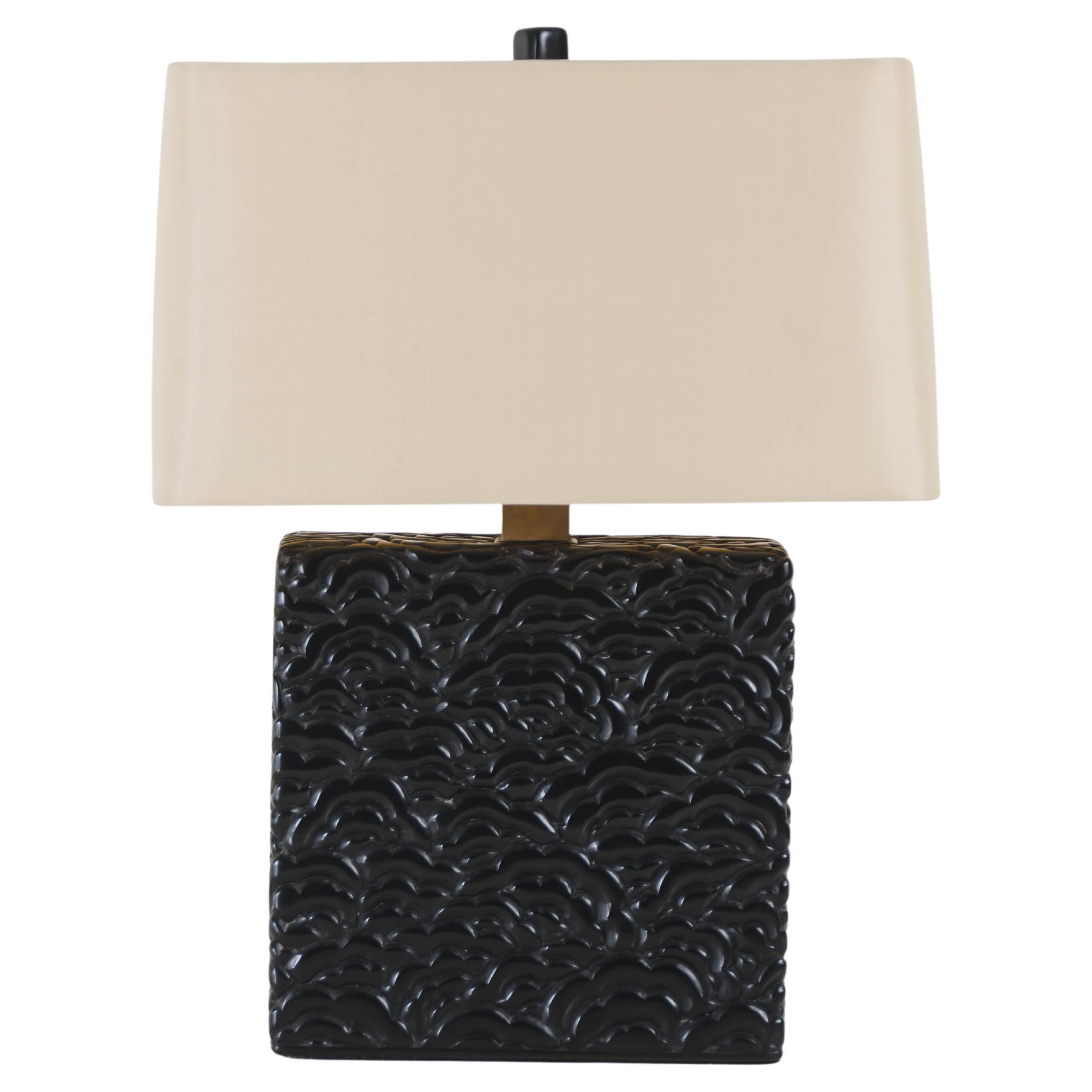 Contemporary Carved Hua Design Table Lamp in Black Lacquer by Robert Kuo For Sale