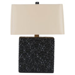 Contemporary Carved Hua Design Table Lamp in Black Lacquer by Robert Kuo