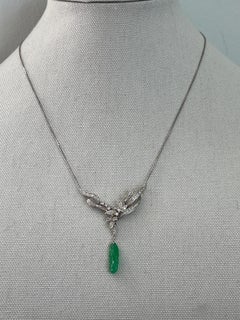 Contemporary Carved Jadeite Diamond 14k White Gold Drop Necklace