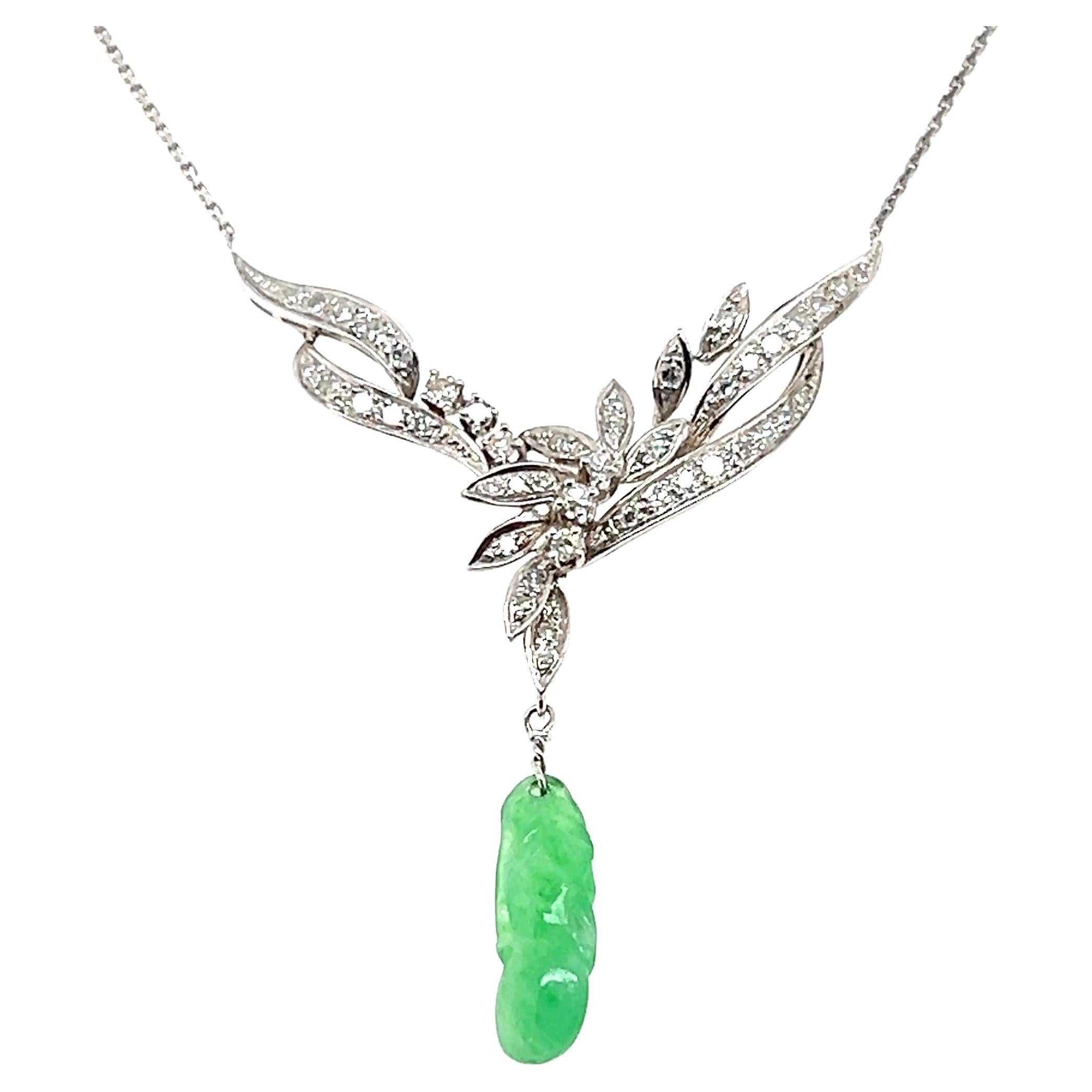 Contemporary Carved Jadeite Diamond 14k White Gold Drop Necklace