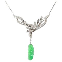 Contemporary Carved Jadeite Diamond 14k White Gold Drop Necklace