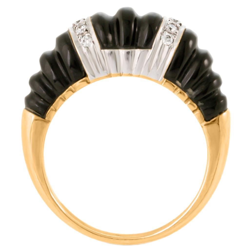Carved Black Onyx Dome Ring In 14ct Gold With Diamonds For Sale