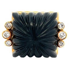 connie ringart Contemporary Carved Onyx Diamond 18 Karat Yellow Gold Cocktail Estate Ring