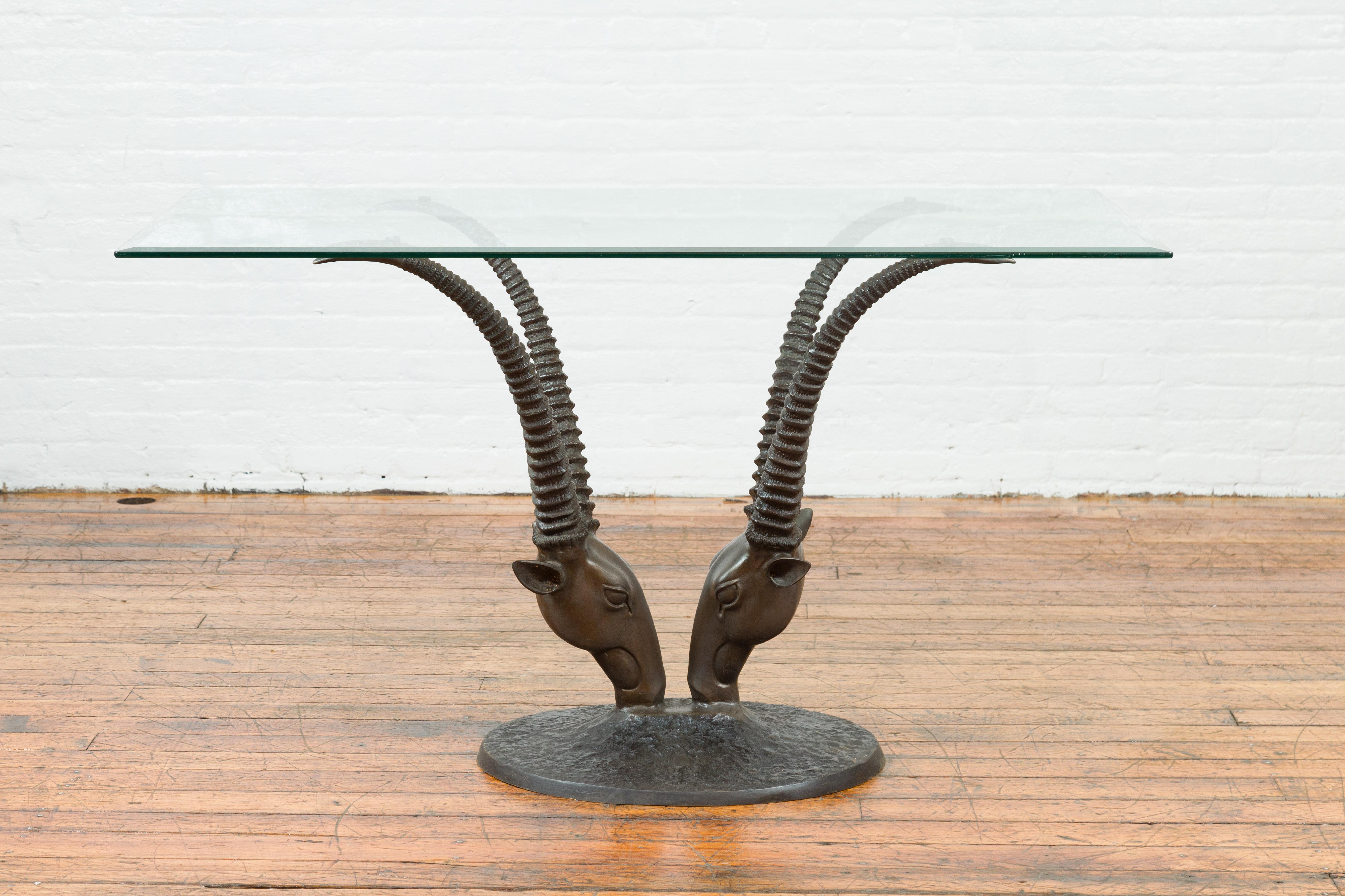 Contemporary Cast Bronze Double Antelope Dining Table Base with Dark Patina For Sale 6