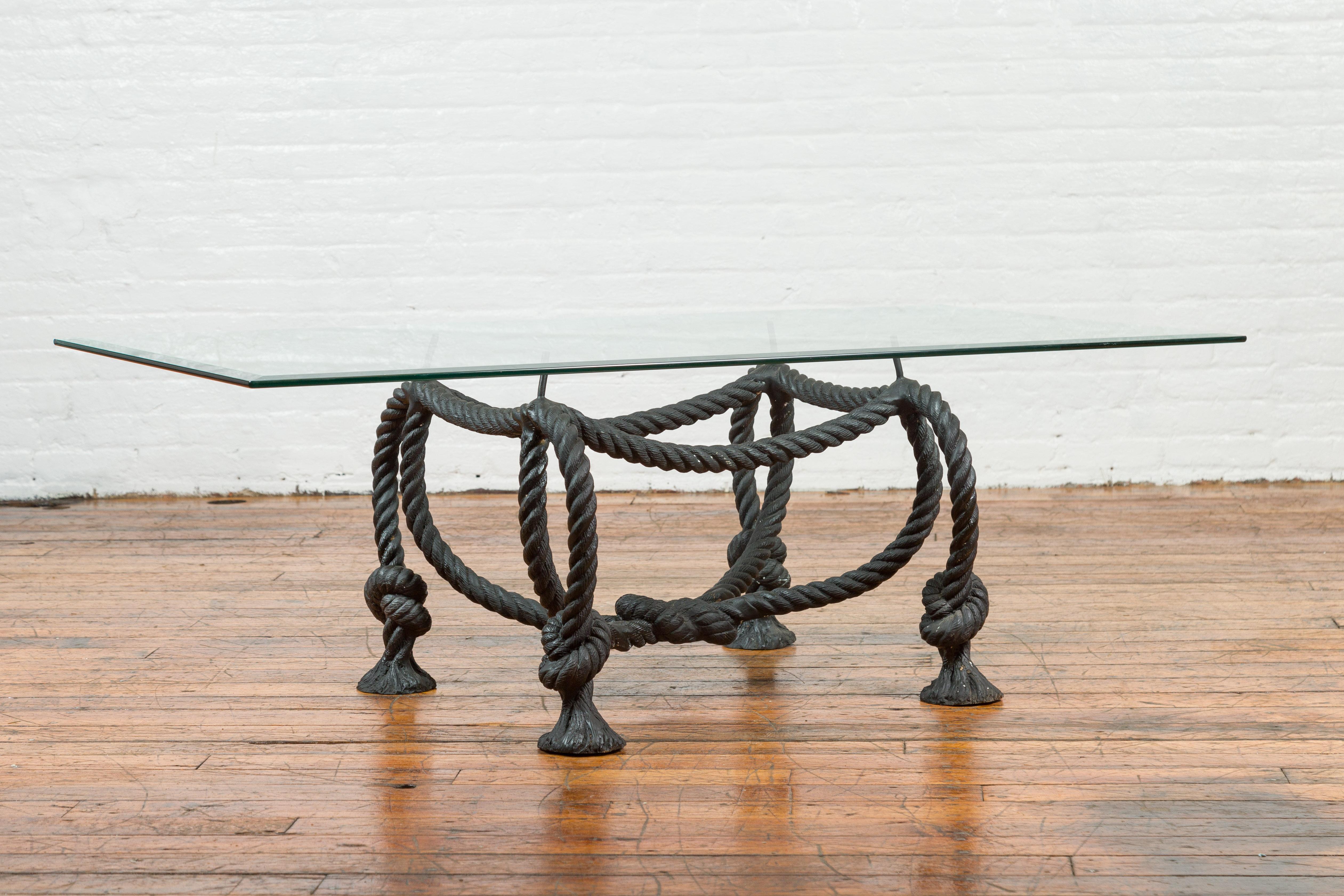 Mid-Century Modern Maison Jansen Style Bronze Nautical Rope Dark Coffee Table Base with Tassels