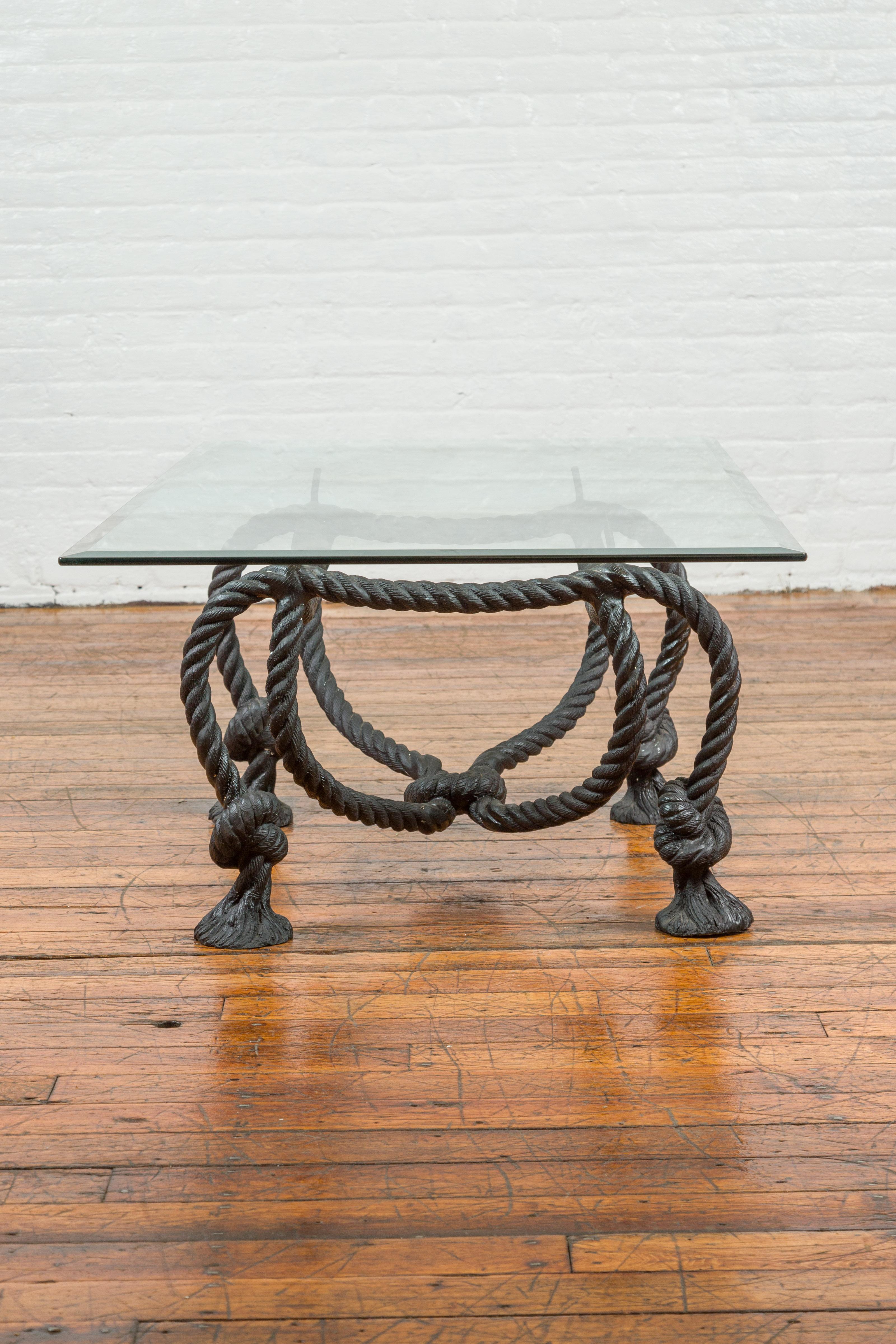 Cast Maison Jansen Style Bronze Nautical Rope Dark Coffee Table Base with Tassels