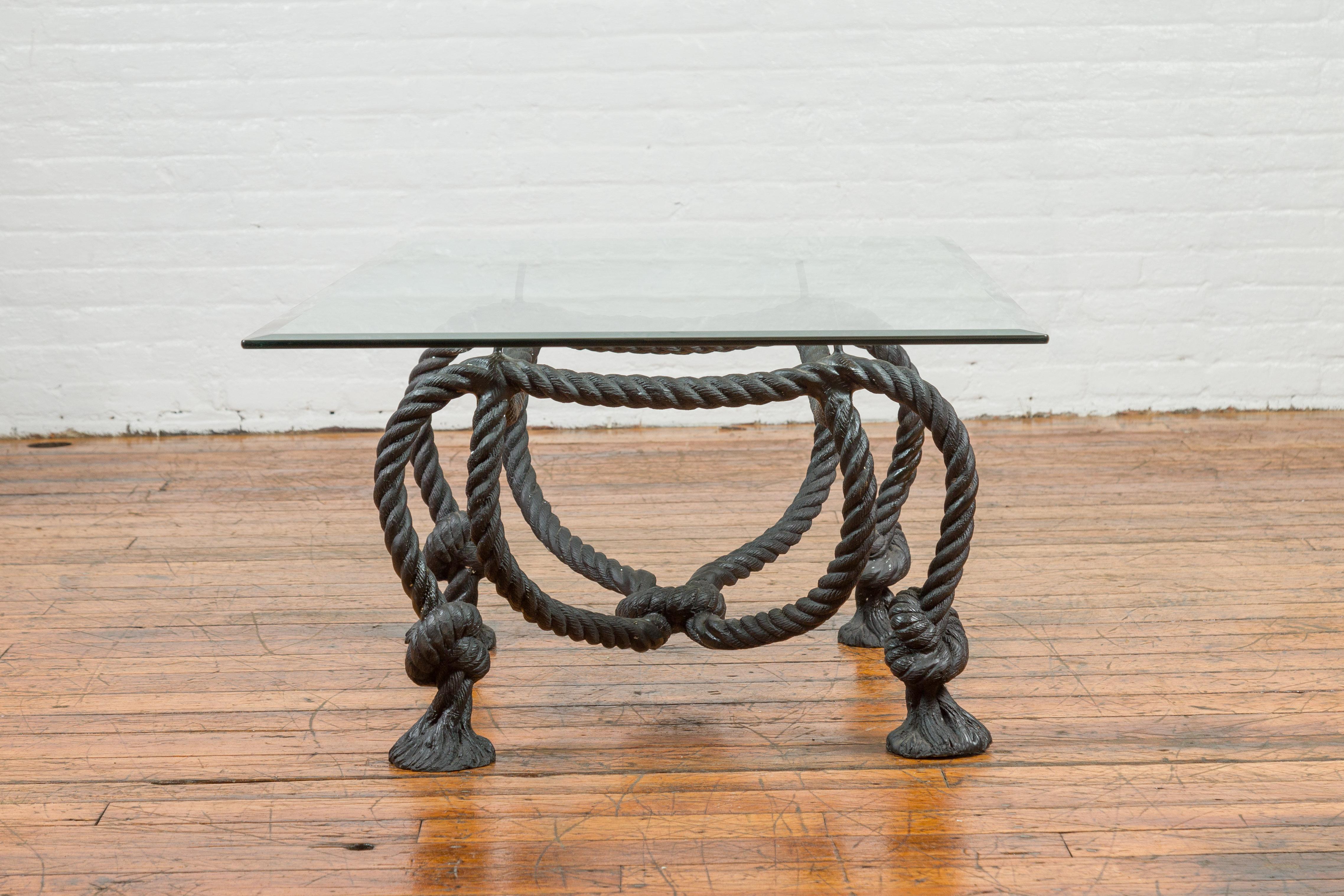 Maison Jansen Style Bronze Nautical Rope Dark Coffee Table Base with Tassels In Good Condition In Yonkers, NY