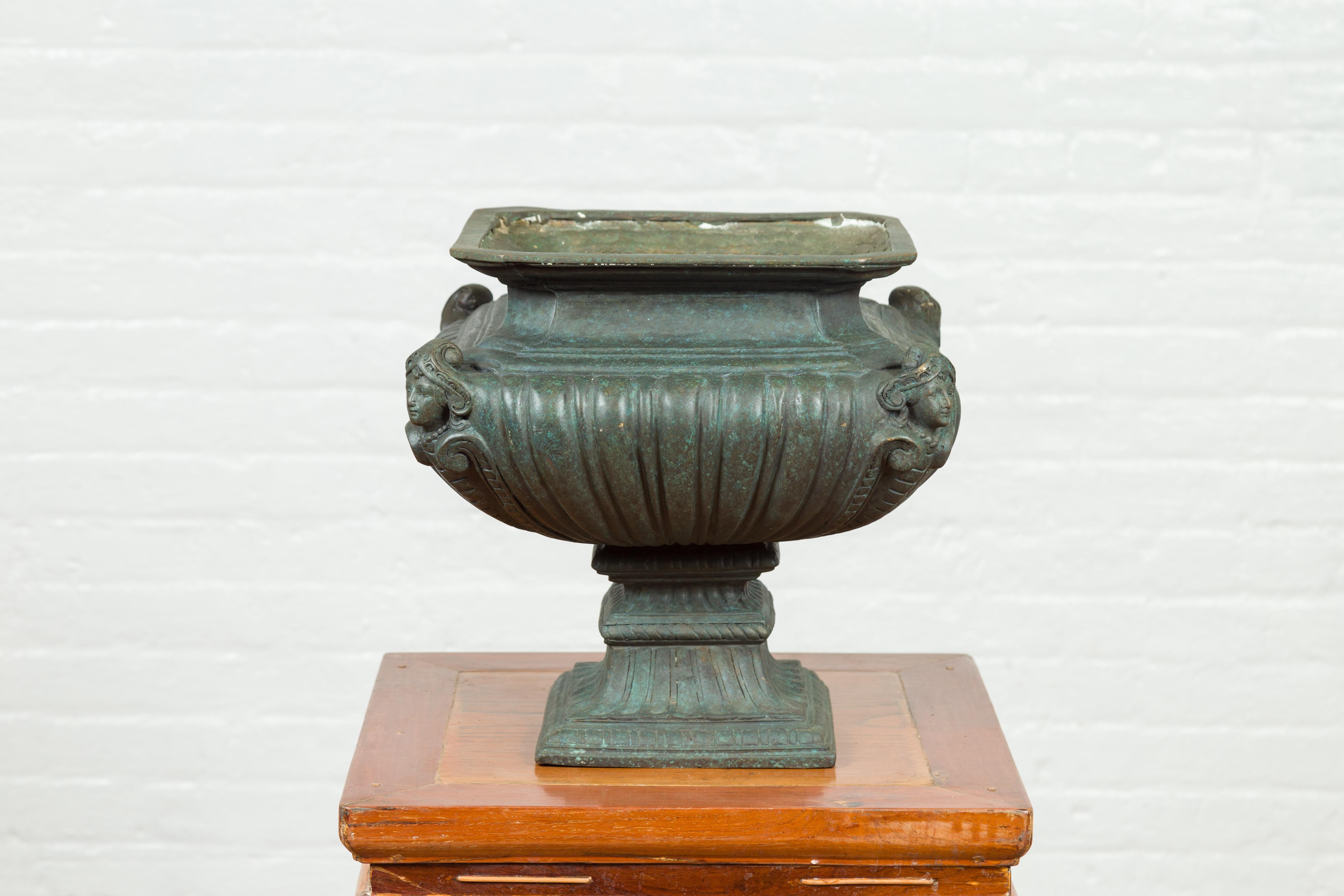 Contemporary Cast Bronze Planter with Figures, Gadroon Motifs and Verde Patina For Sale 7