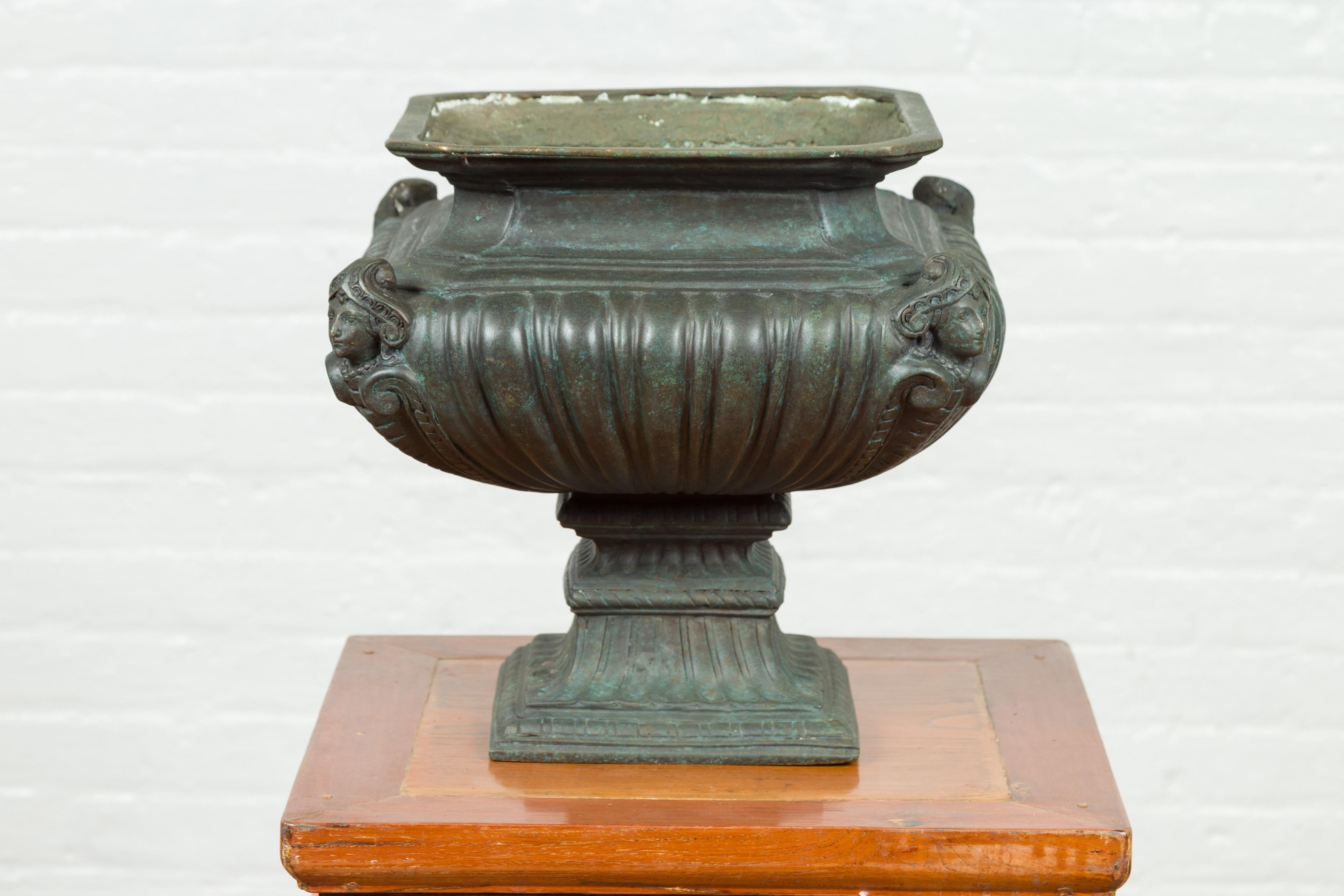 Contemporary Cast Bronze Planter with Figures, Gadroon Motifs and Verde Patina For Sale 8