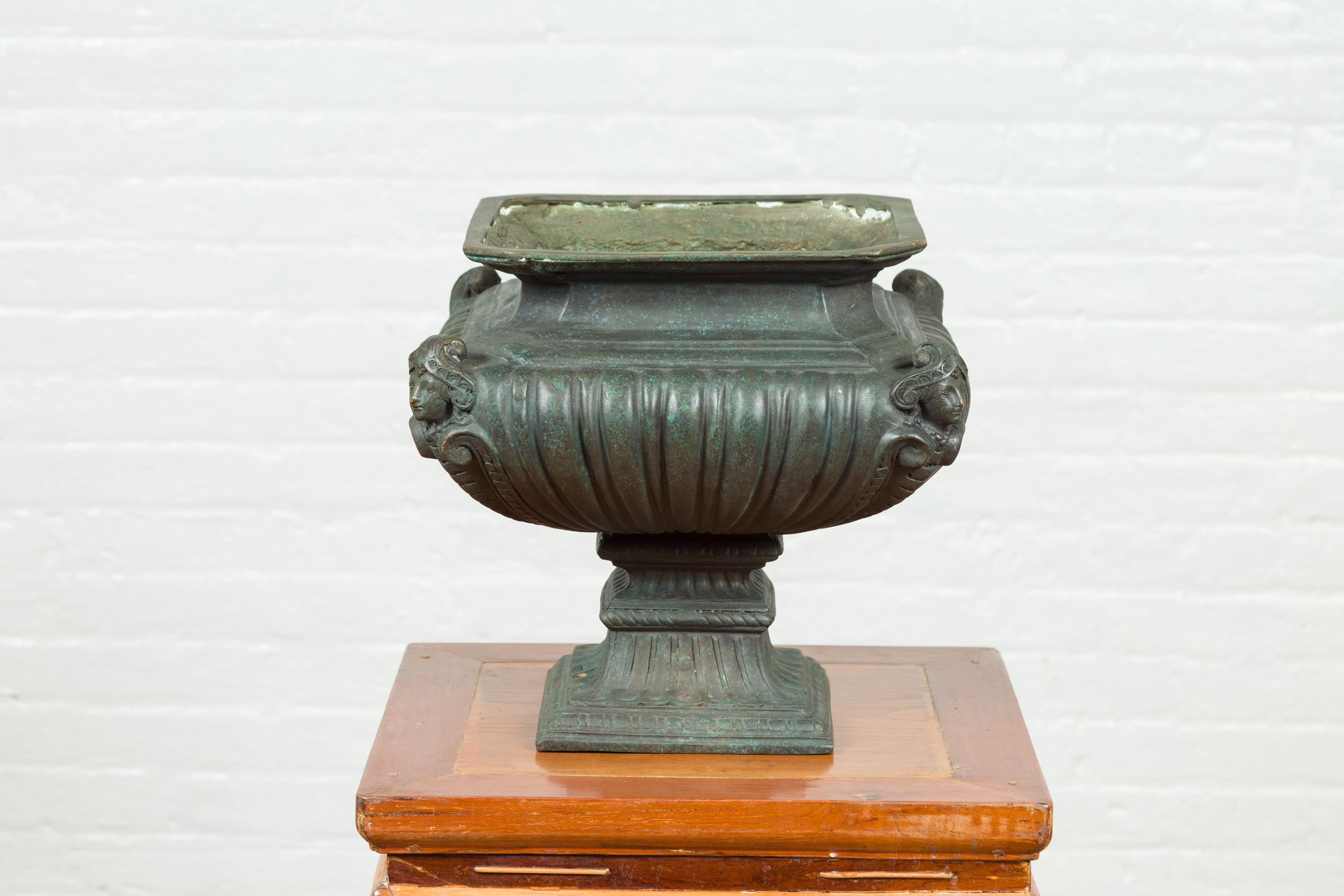 Contemporary Cast Bronze Planter with Figures, Gadroon Motifs and Verde Patina For Sale 9