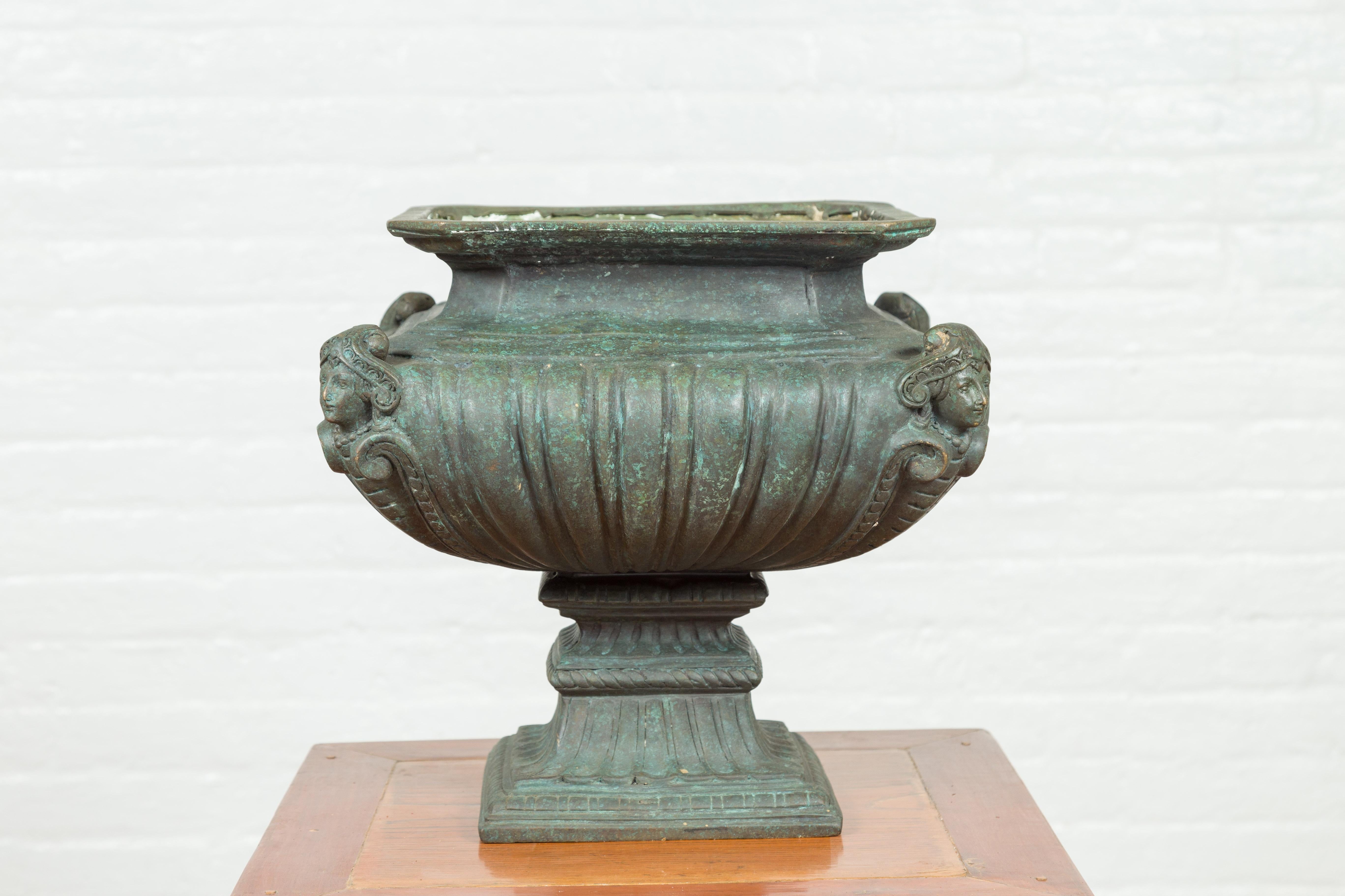 Contemporary Cast Bronze Planter with Figures, Gadroon Motifs and Verde Patina In Good Condition For Sale In Yonkers, NY