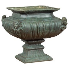 Contemporary Cast Bronze Planter with Figures, Gadroon Motifs and Verde Patina