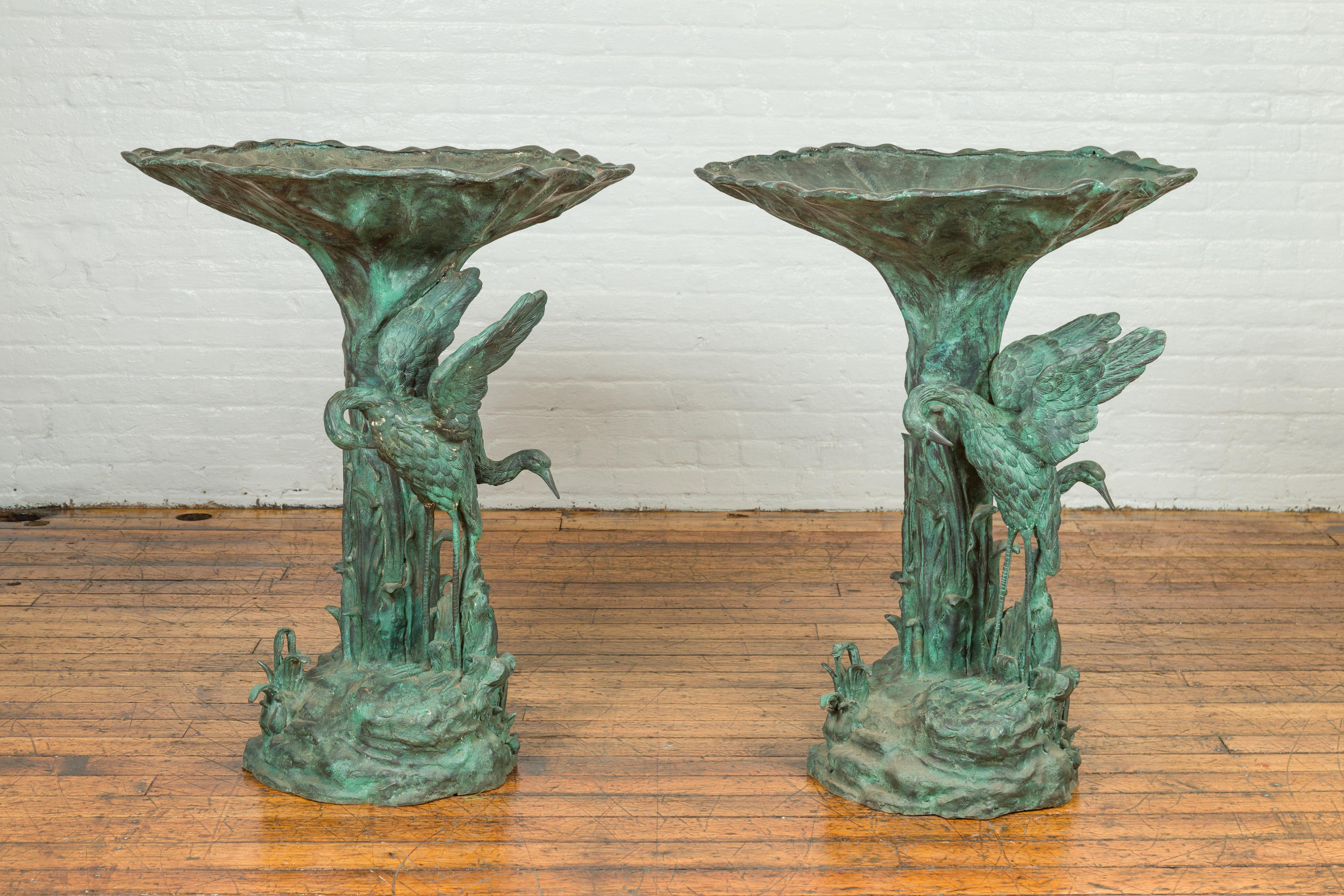Contemporary Cast Bronze Planter with Cranes and Verdigris Patina, One Available For Sale 1