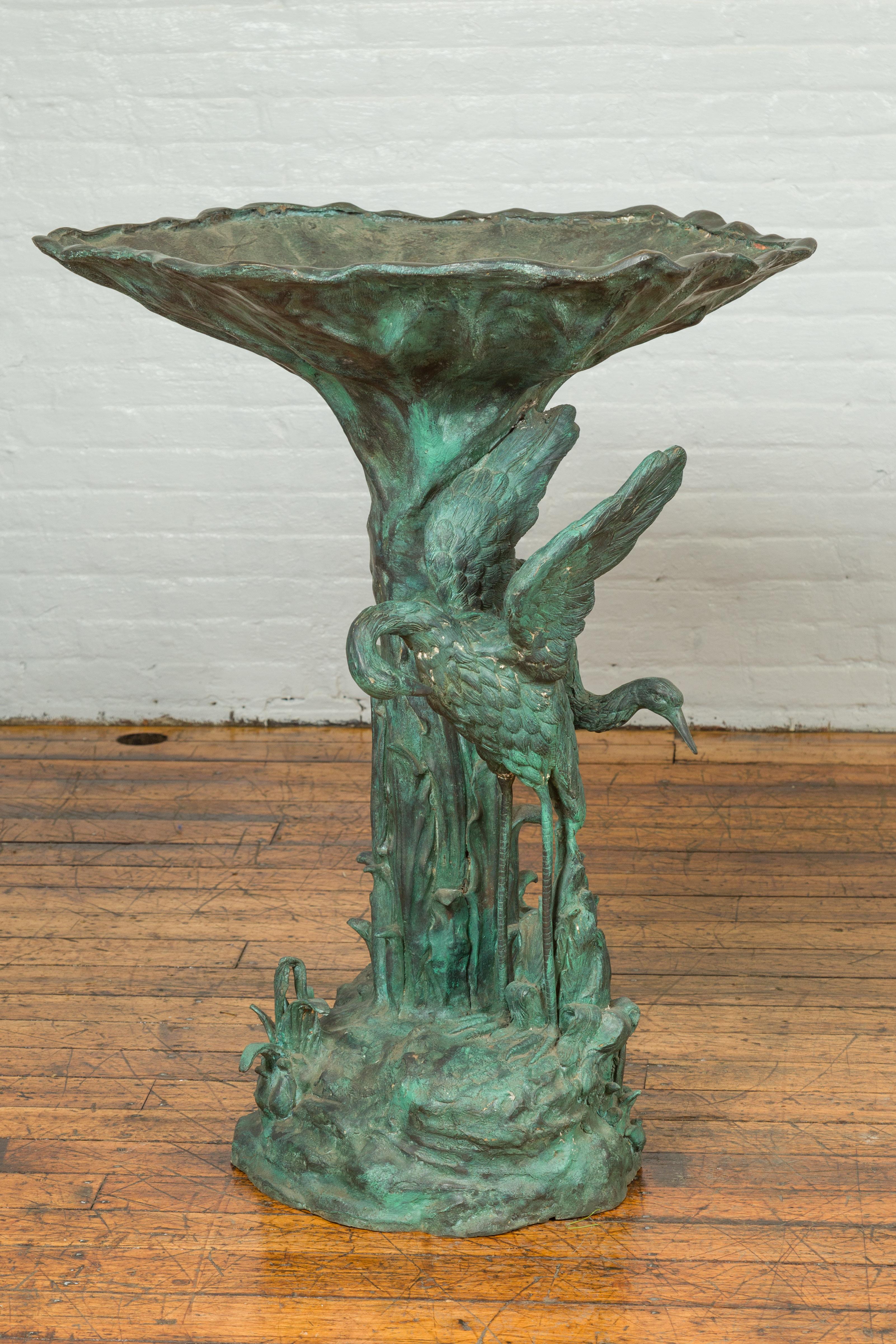 Contemporary Cast Bronze Planter with Cranes and Verdigris Patina, One Available For Sale 2