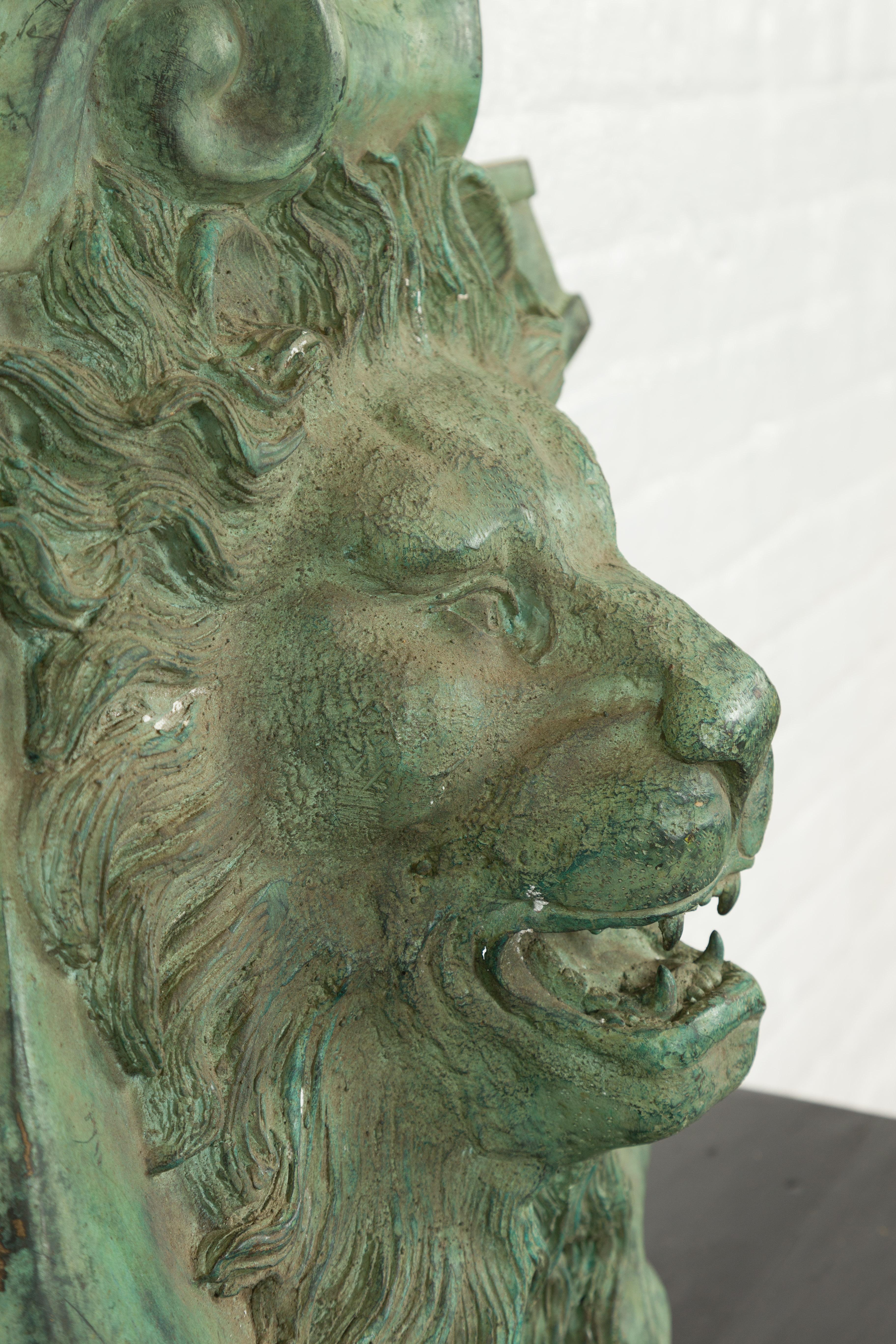 Contemporary Cast Bronze Roaring Lion Head Wall Fountain with Verde Patina 5