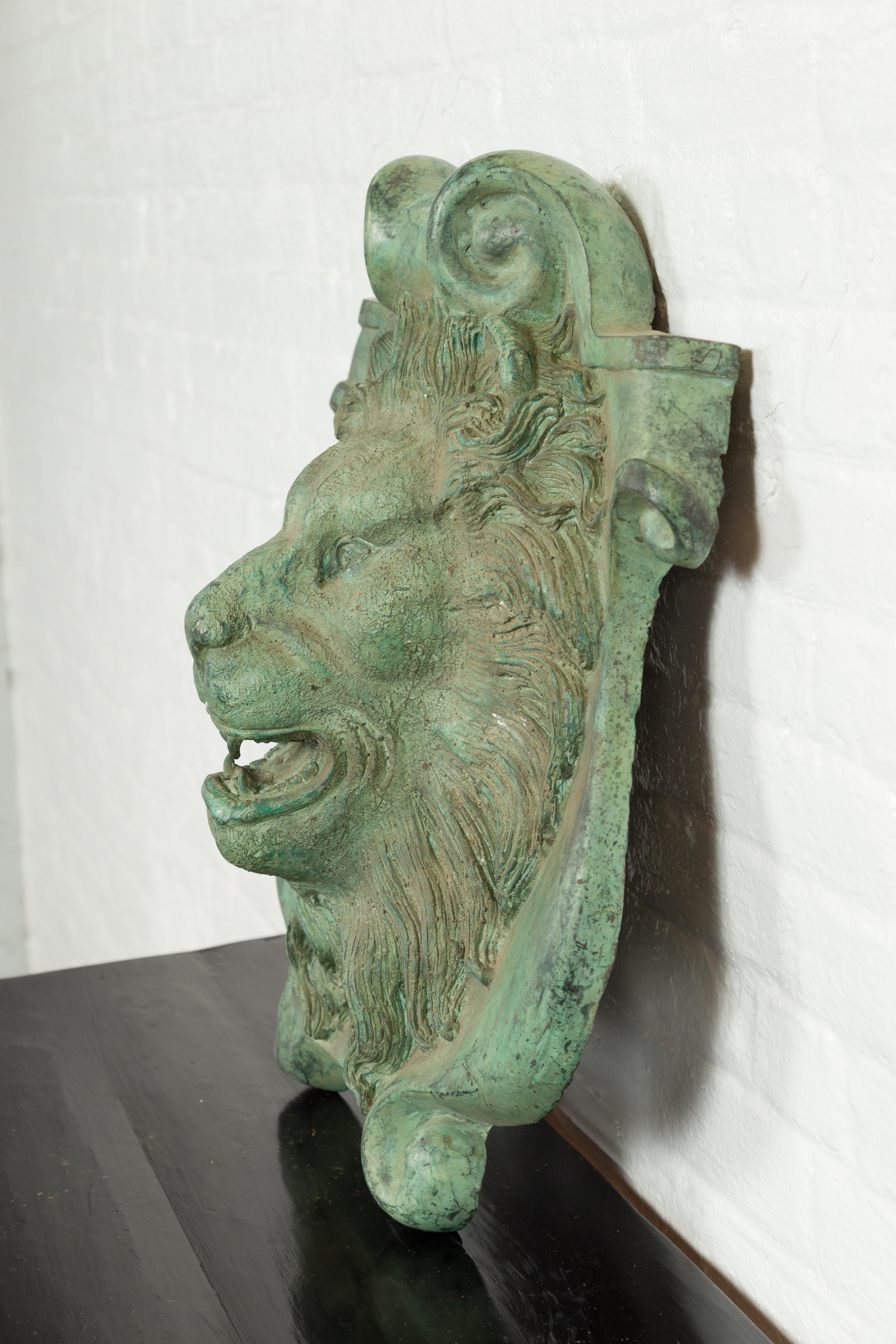Contemporary Cast Bronze Roaring Lion Head Wall Fountain with Verde Patina 6