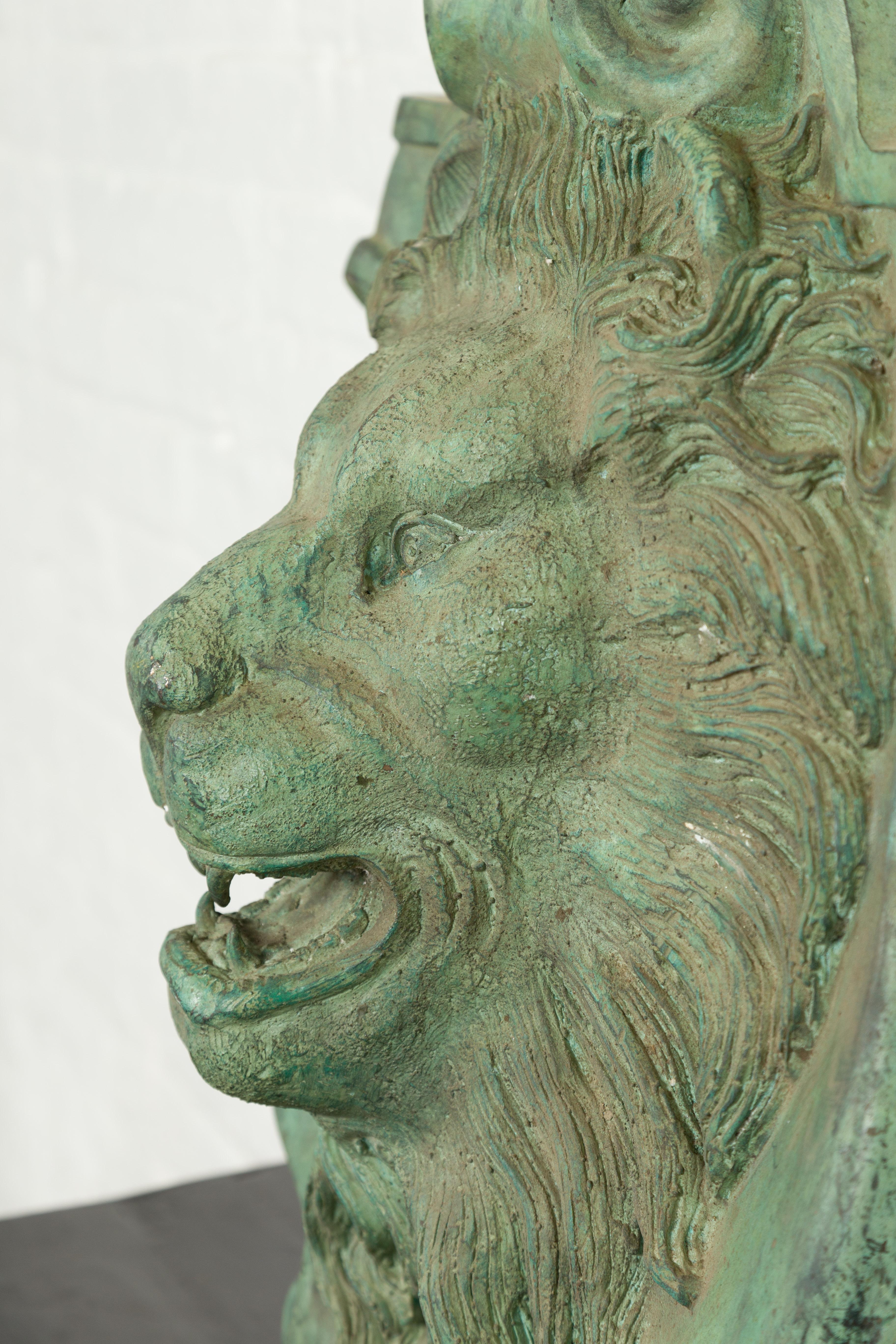 Contemporary Cast Bronze Roaring Lion Head Wall Fountain with Verde Patina 7