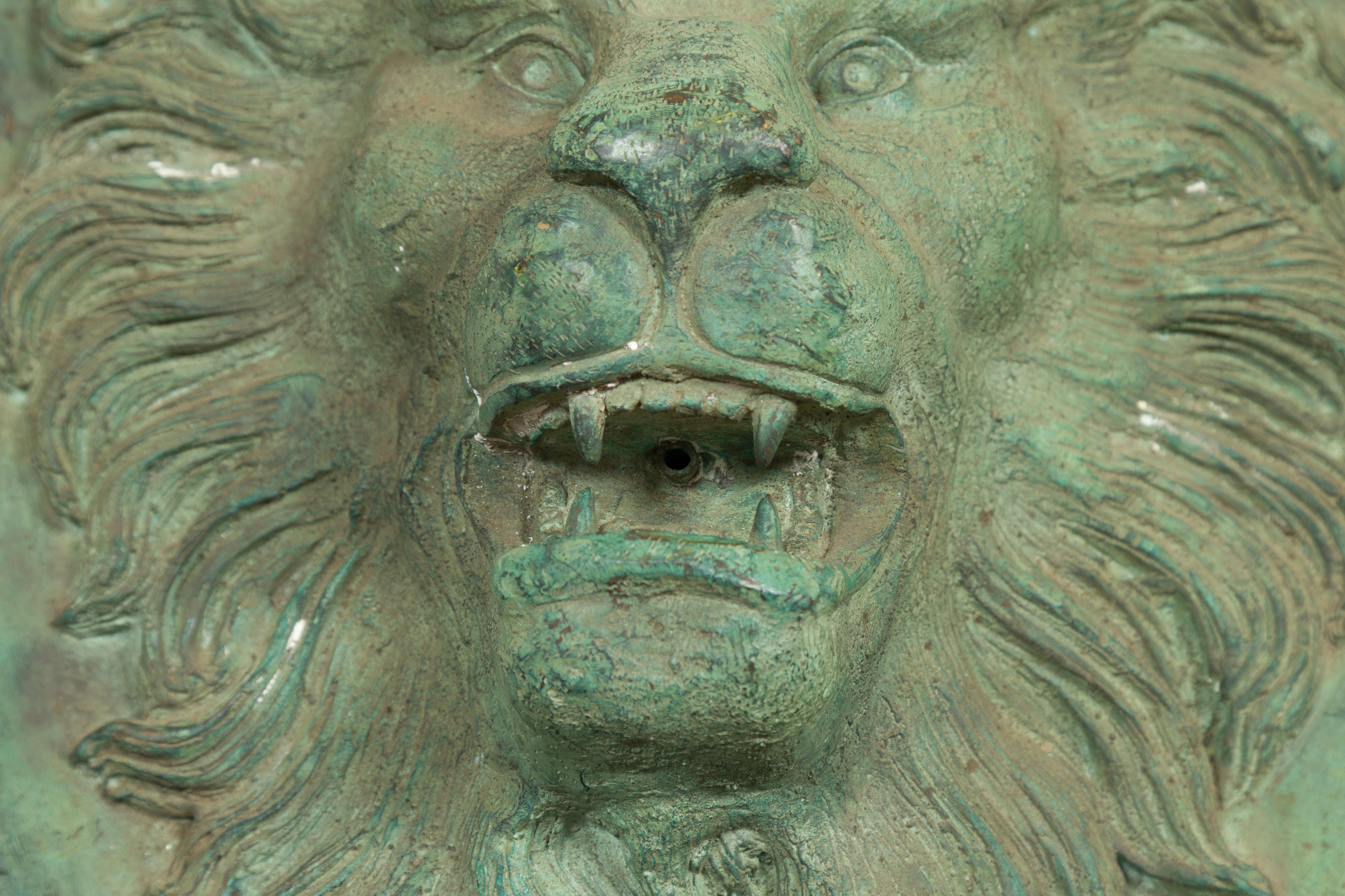 Contemporary Cast Bronze Roaring Lion Head Wall Fountain with Verde Patina 9