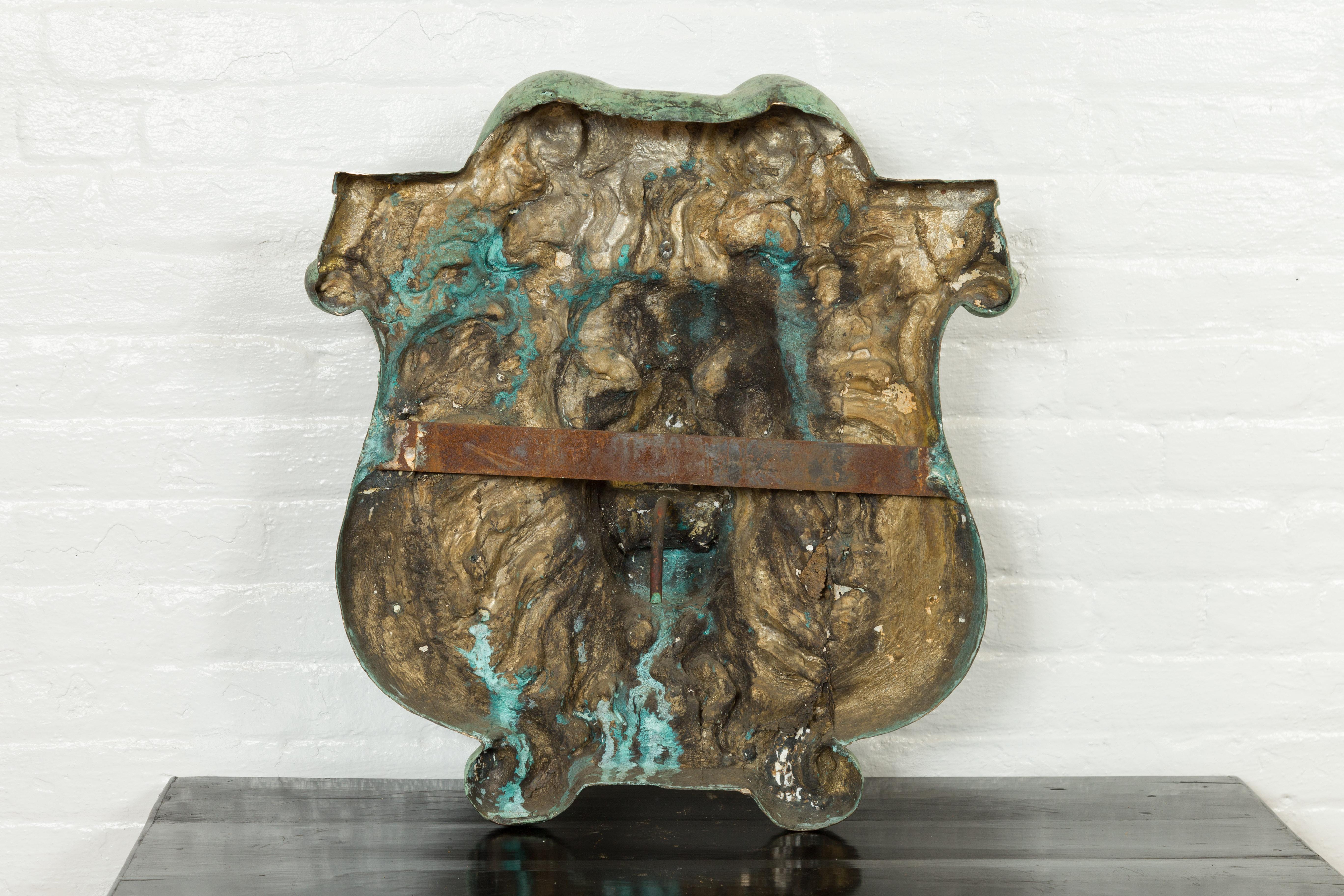 Contemporary Cast Bronze Roaring Lion Head Wall Fountain with Verde Patina 10
