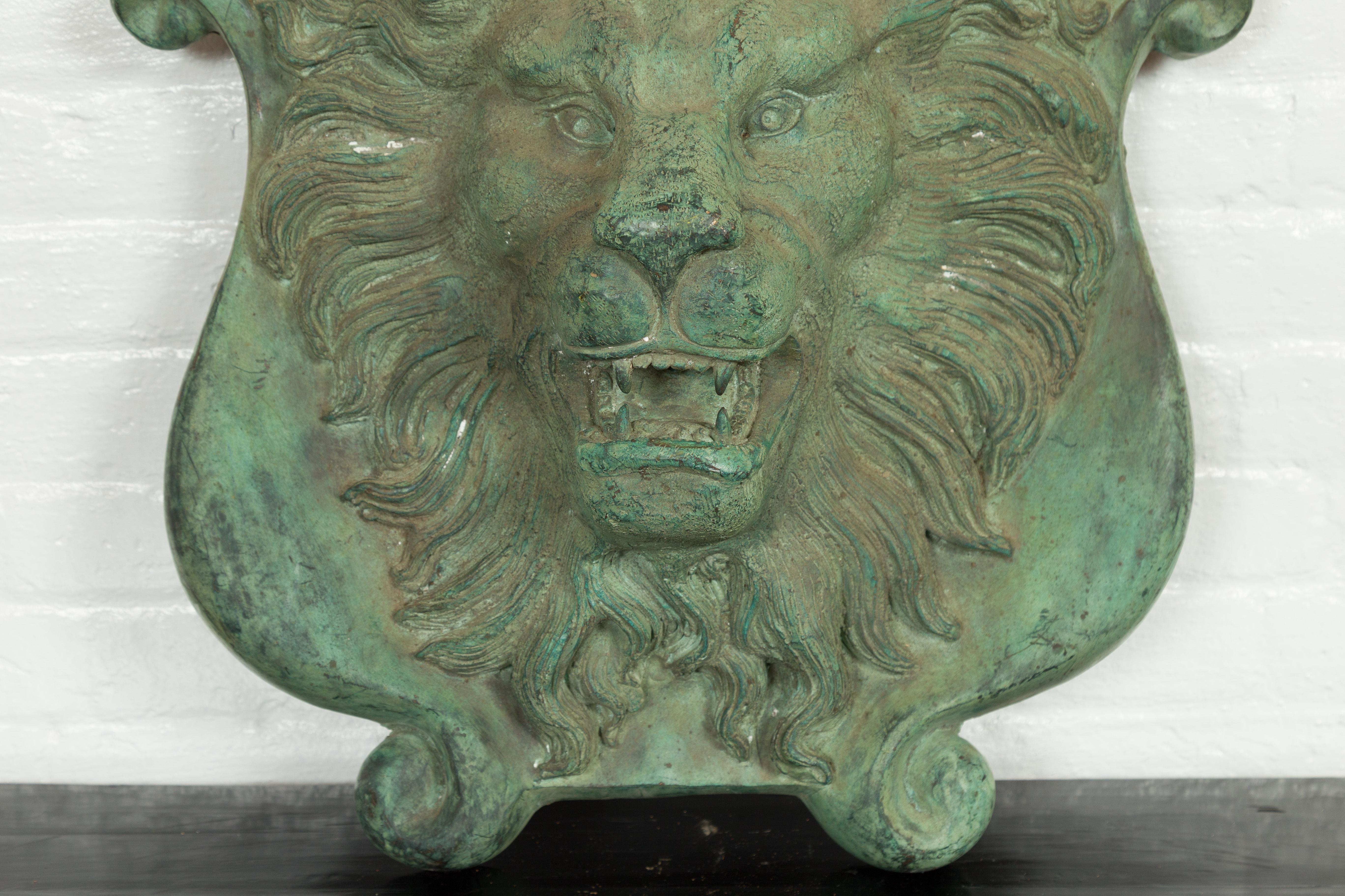 Contemporary Cast Bronze Roaring Lion Head Wall Fountain with Verde Patina In Good Condition In Yonkers, NY