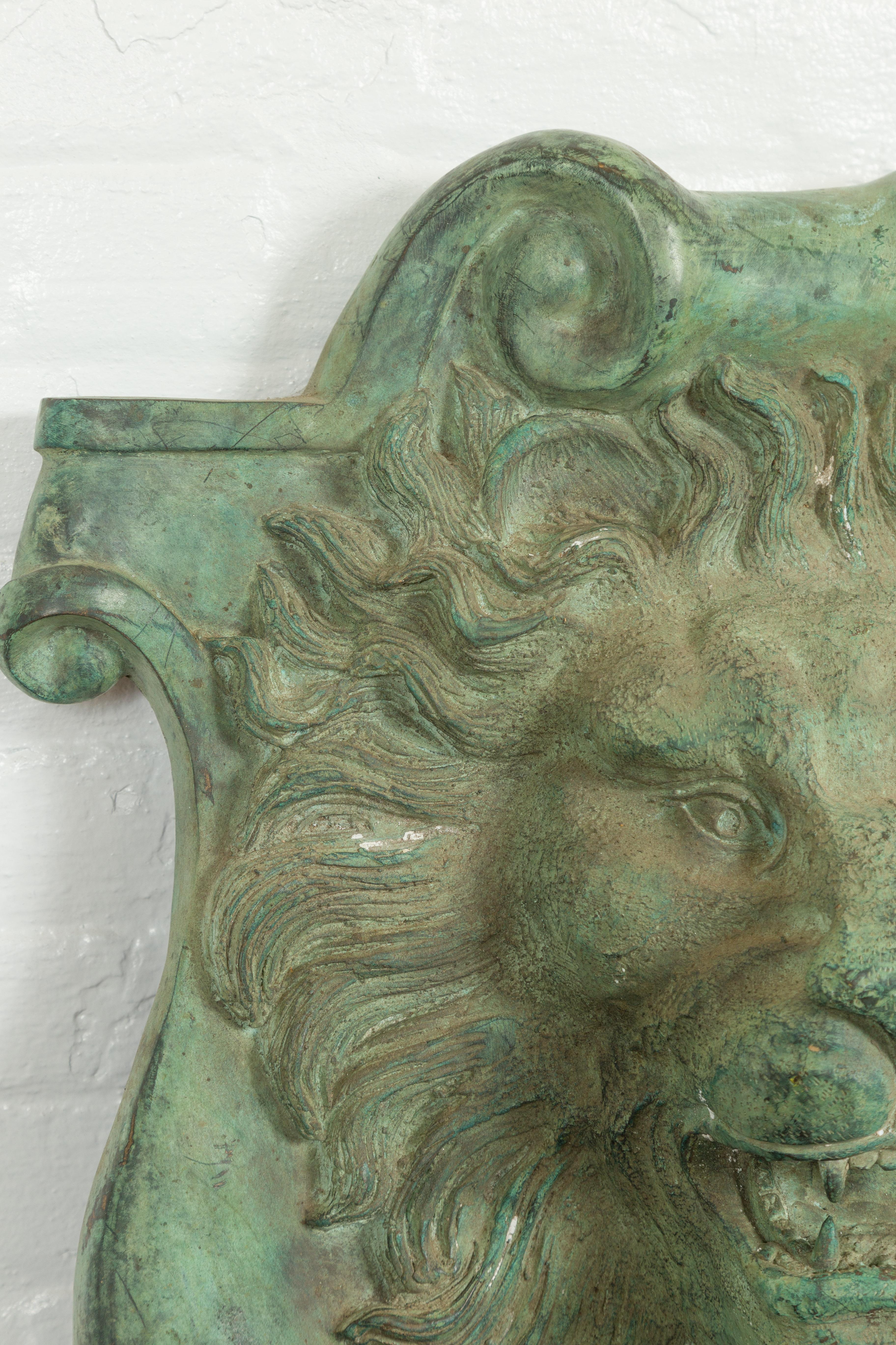 Contemporary Cast Bronze Roaring Lion Head Wall Fountain with Verde Patina 1