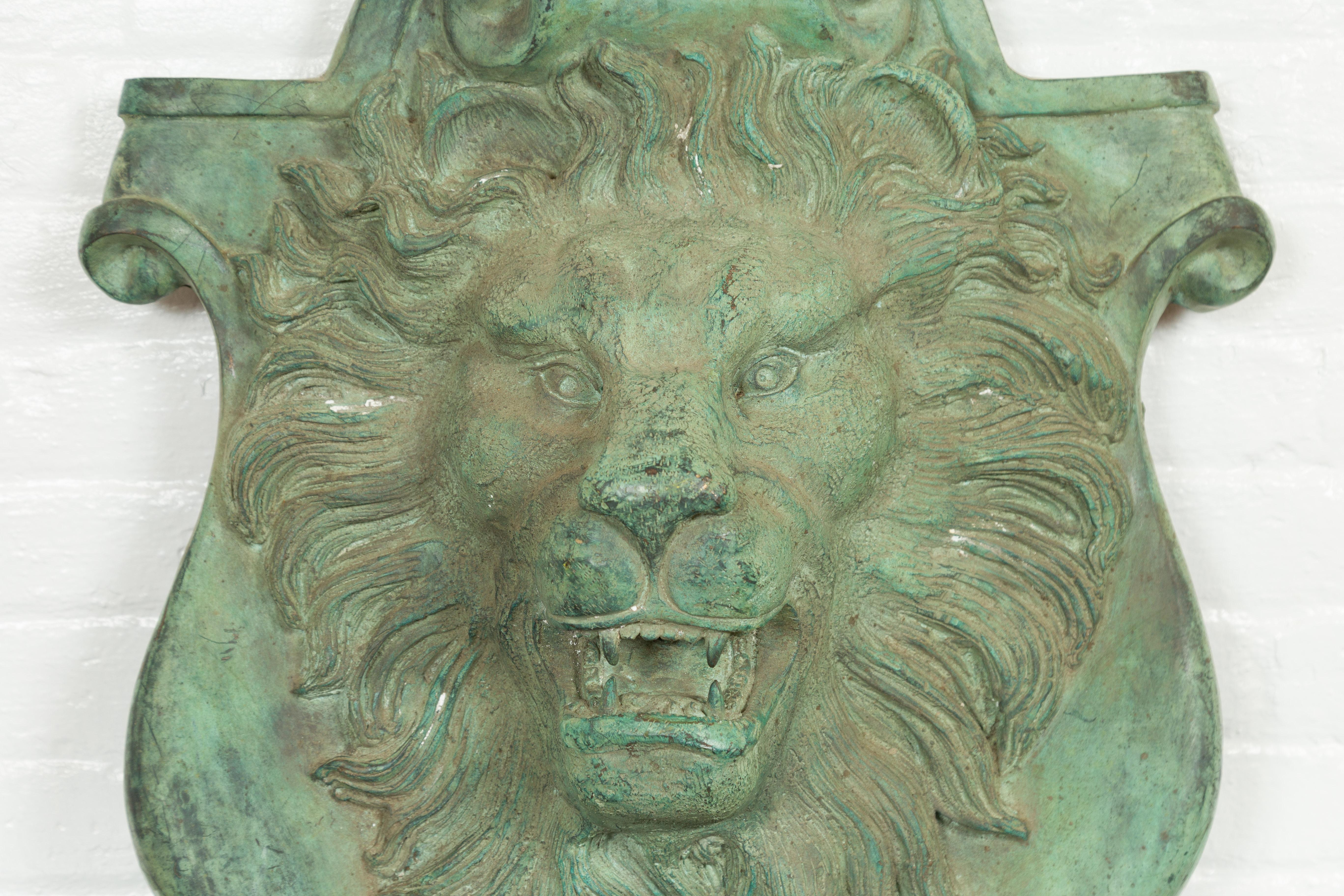 Contemporary Cast Bronze Roaring Lion Head Wall Fountain with Verde Patina 2