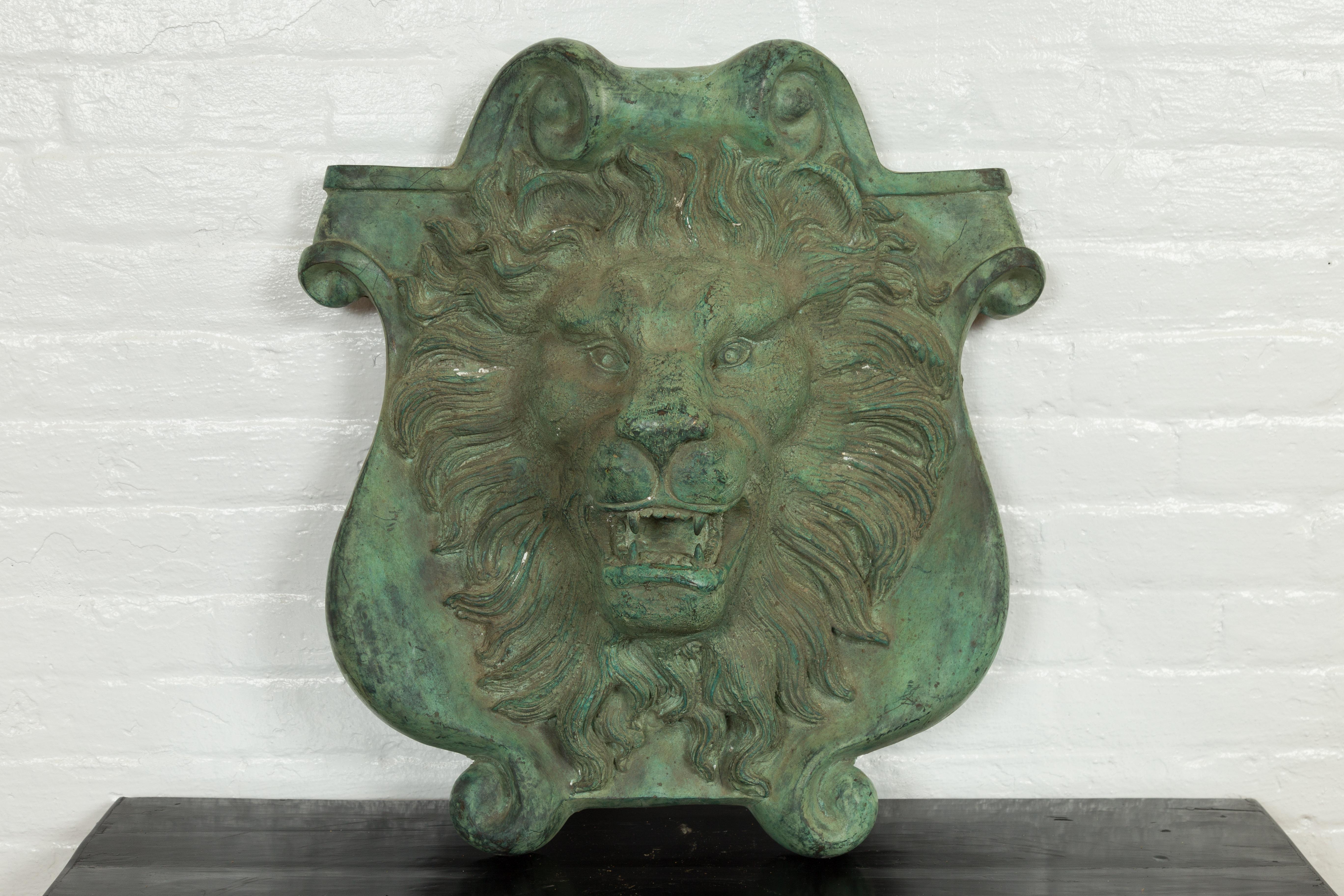 Contemporary Cast Bronze Roaring Lion Head Wall Fountain with Verde Patina 3